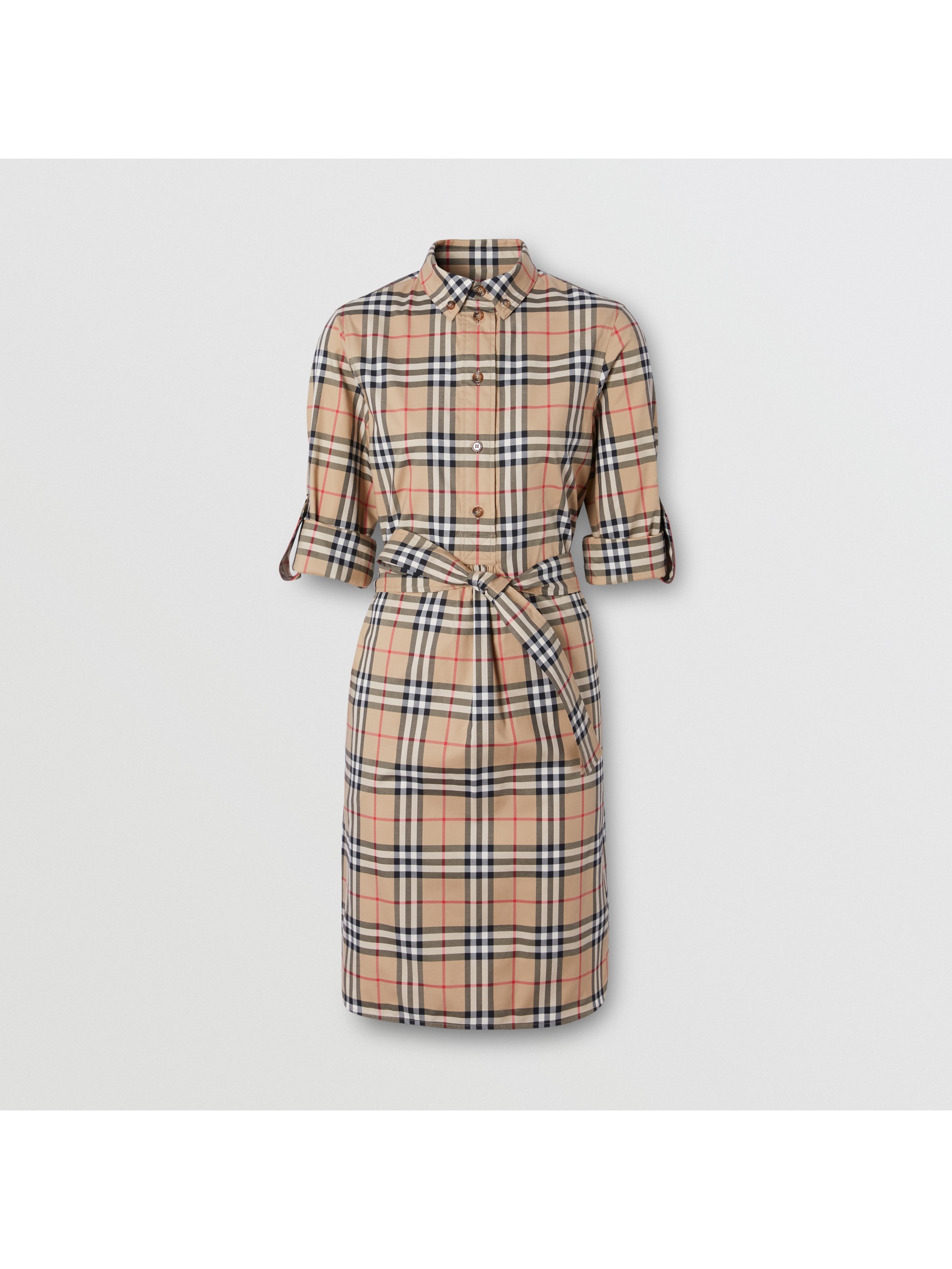 vintage 格纹弹力棉质系腰衬衫式连衣裙 产品图片31