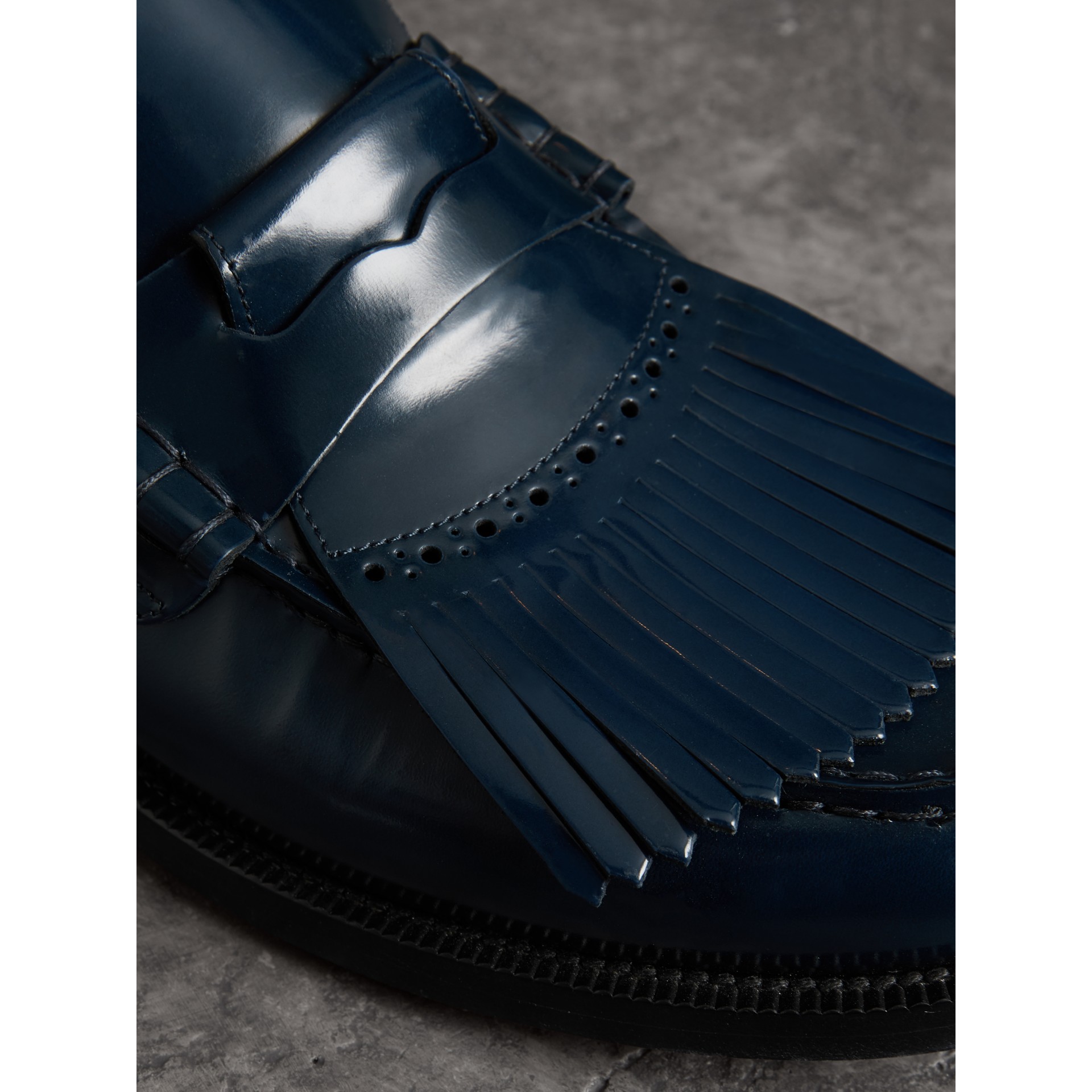 Kiltie Fringe Leather Loafers in Navy Men Burberry Australia