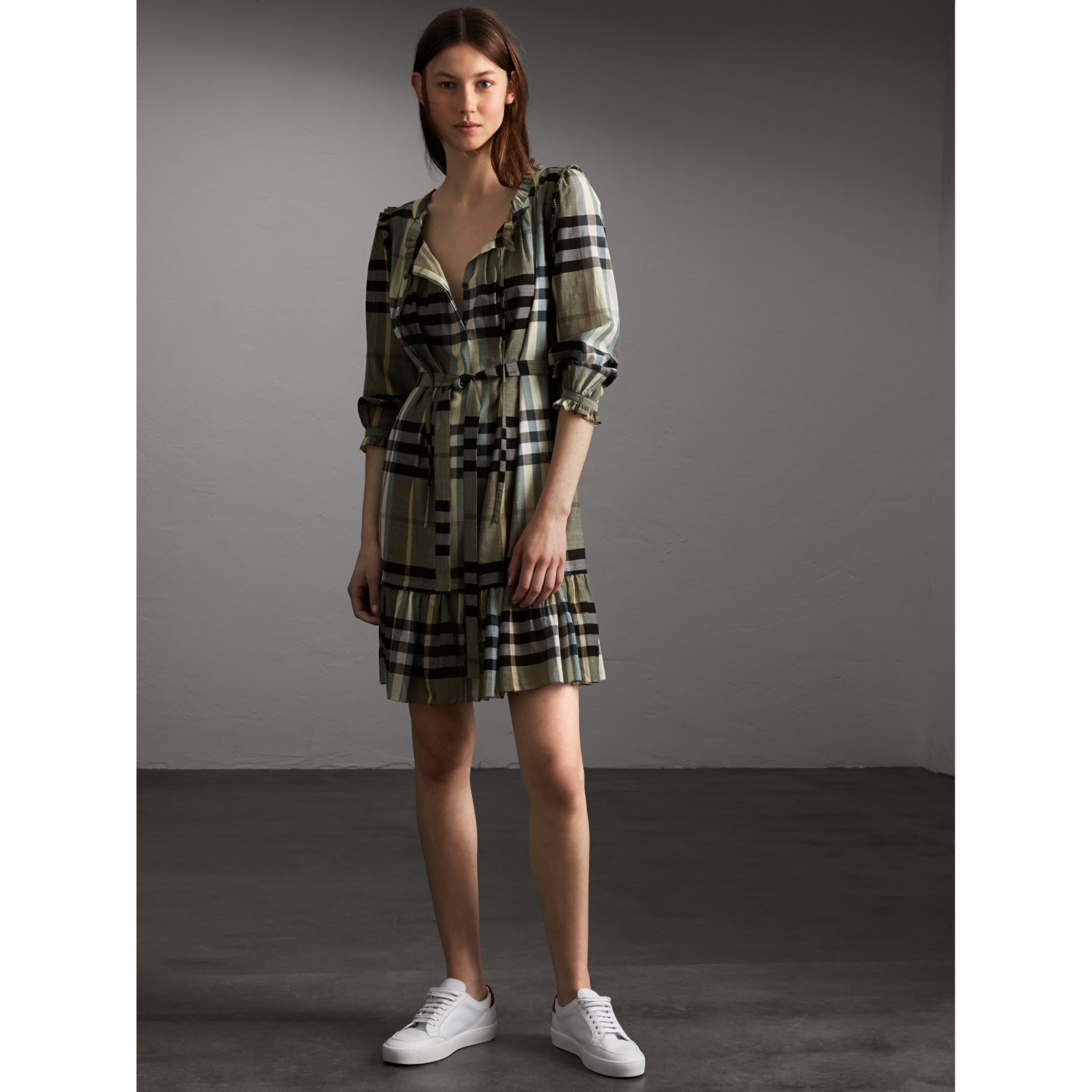 Ruffle Detail Check Cotton Dress in Stone Green | Burberry United States
