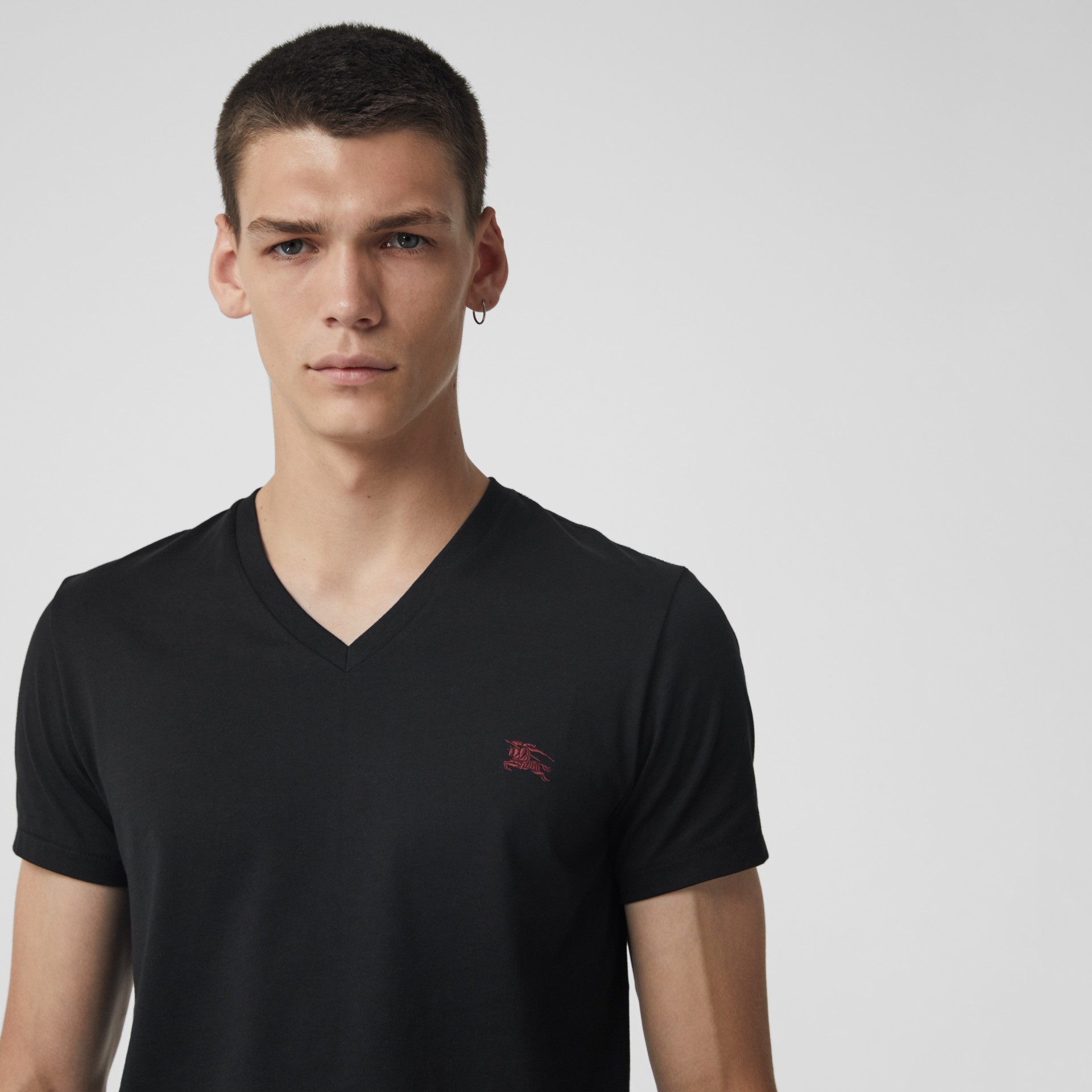 Cotton Jersey Vneck Tshirt in Black Men Burberry Australia