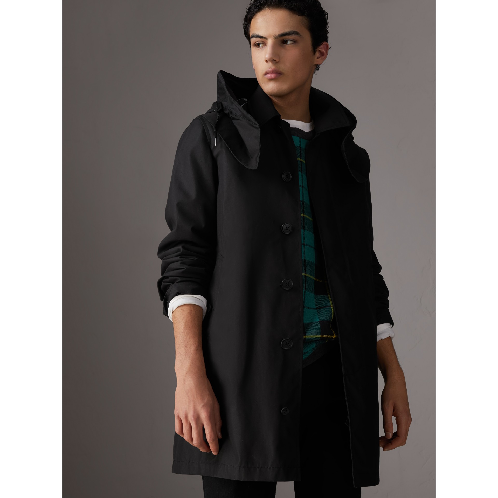 Detachable Hood Cotton Blend Car Coat With Warmer In Black Men