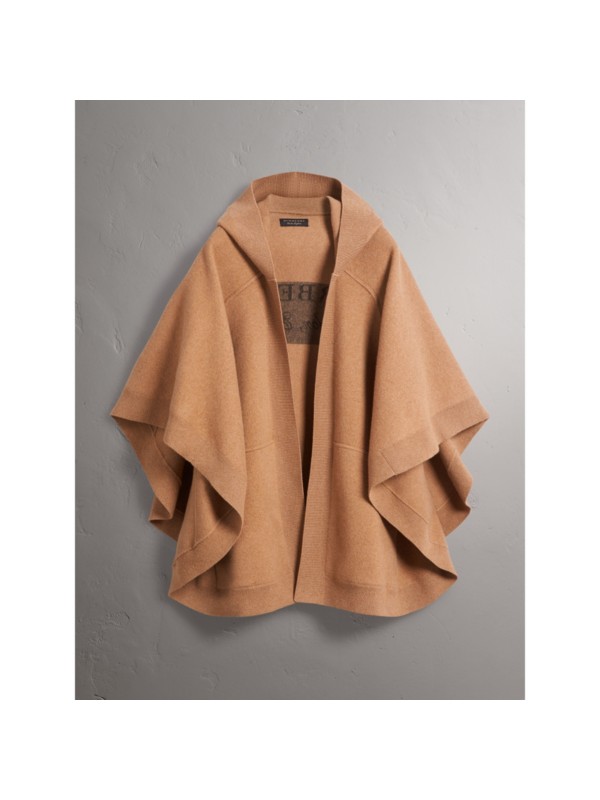 Wool Cashmere Blend Hooded Poncho in Camel Women Burberry Canada