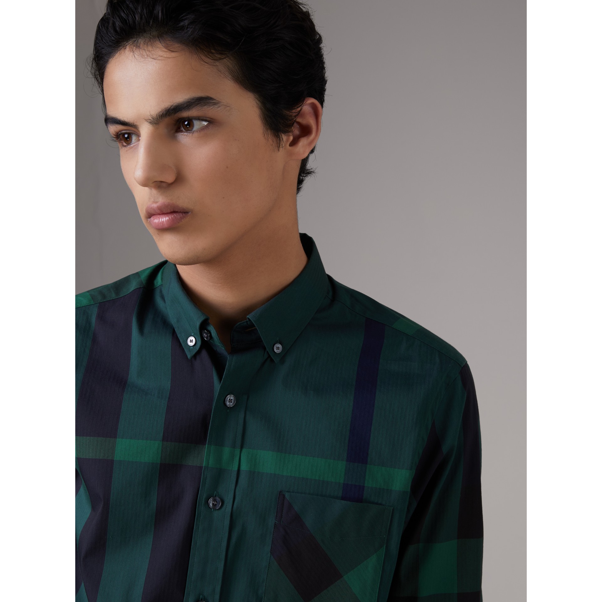 Button-down Collar Check Stretch Cotton Blend Shirt in Forest Green ...