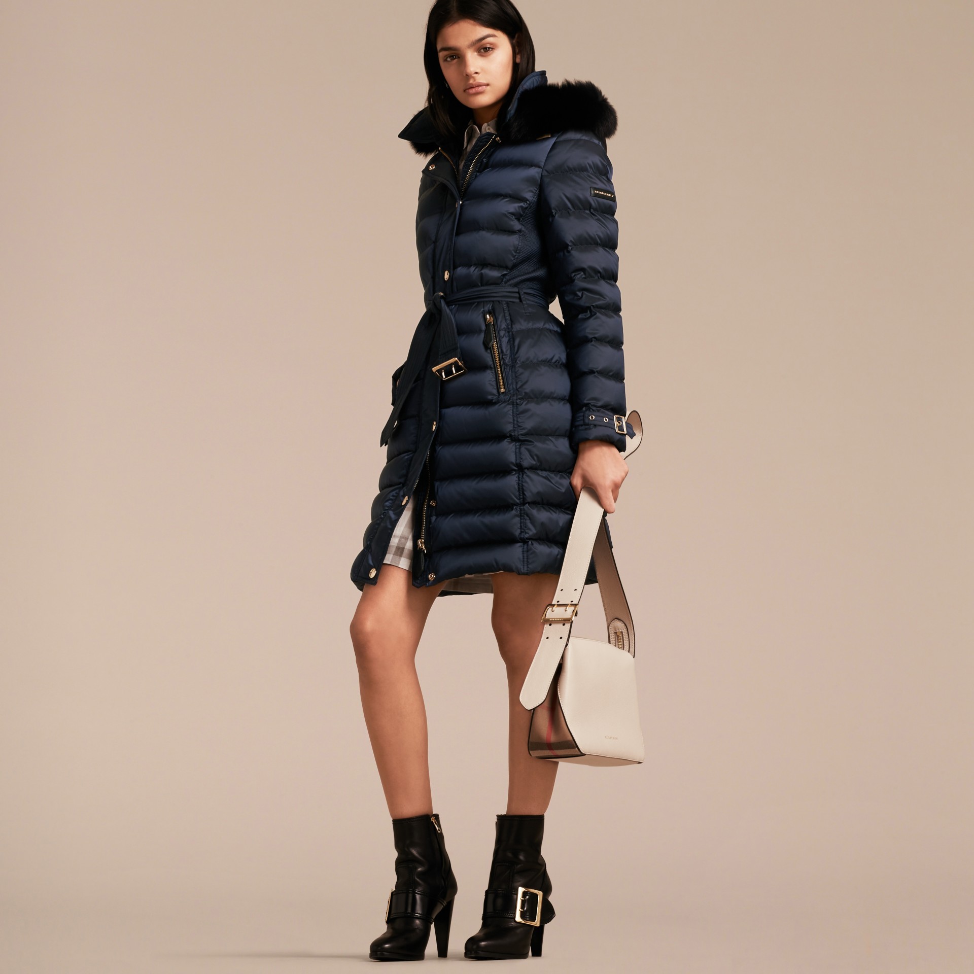 Downfilled Coat with Fox Fur Trim Hood in Navy Women Burberry United States