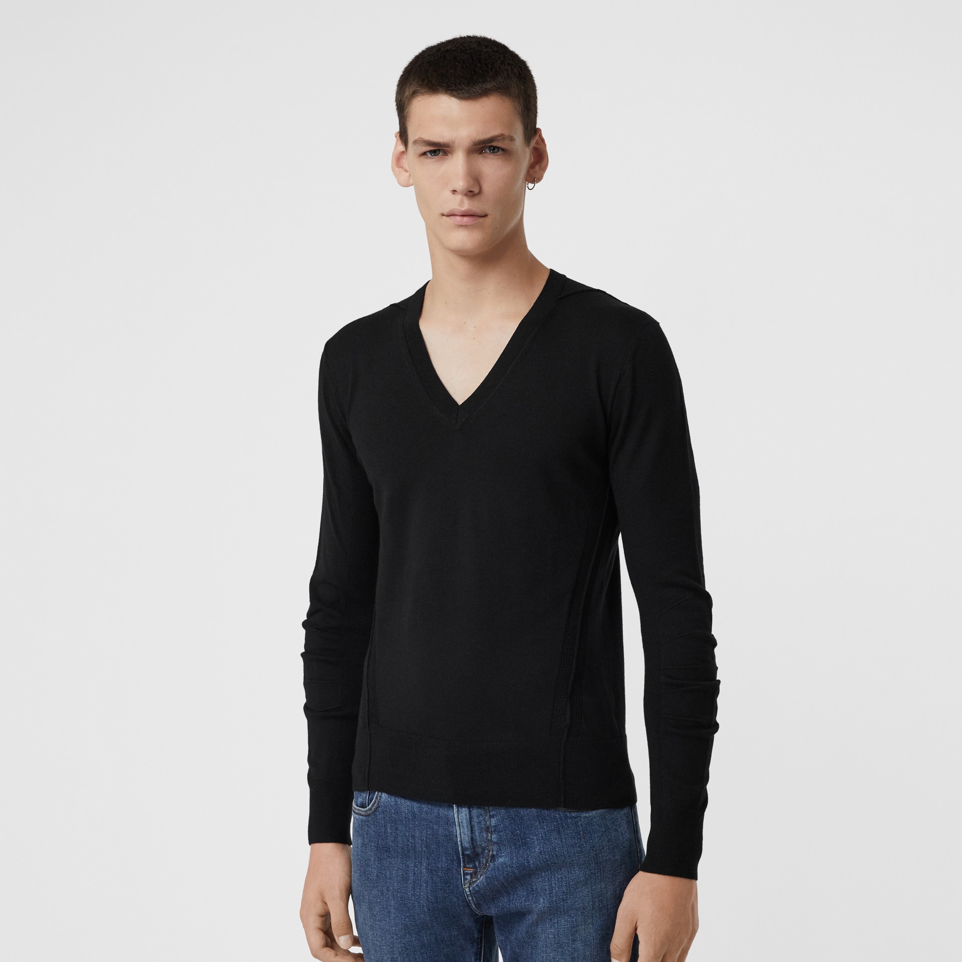Check Detail Merino Wool V-neck Sweater in Black - Men | Burberry ...