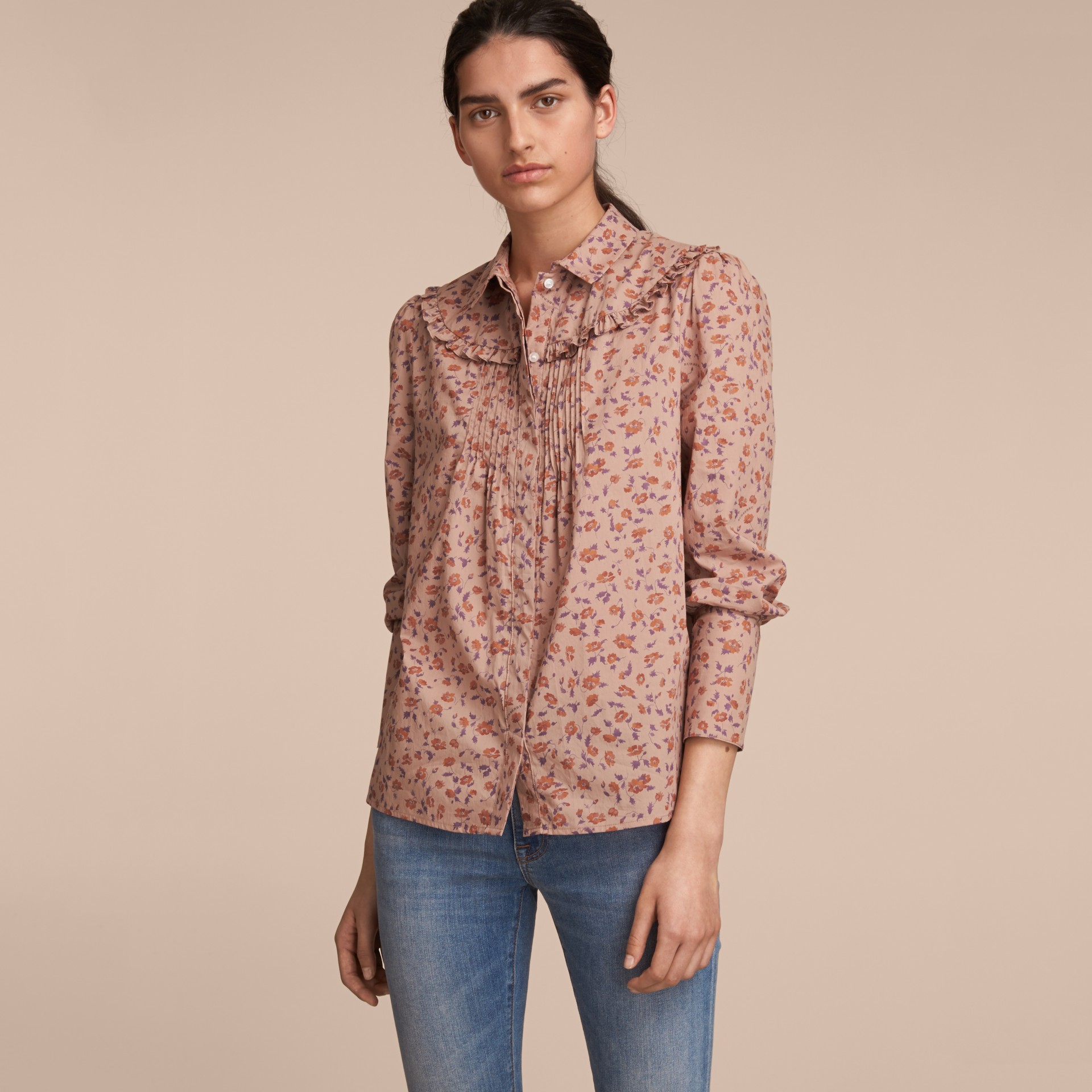 Ruffle Yoke Floral Print Cotton Shirt in Light Copper - Women ...