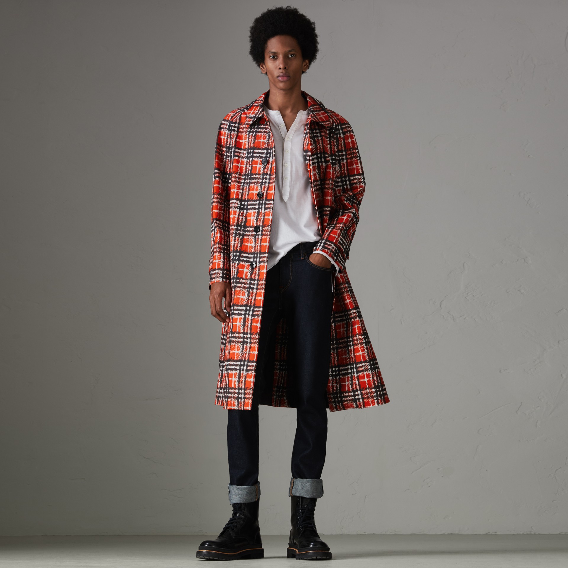 Scribble Check Cotton Car Coat in Bright Military Red - Men | Burberry ...