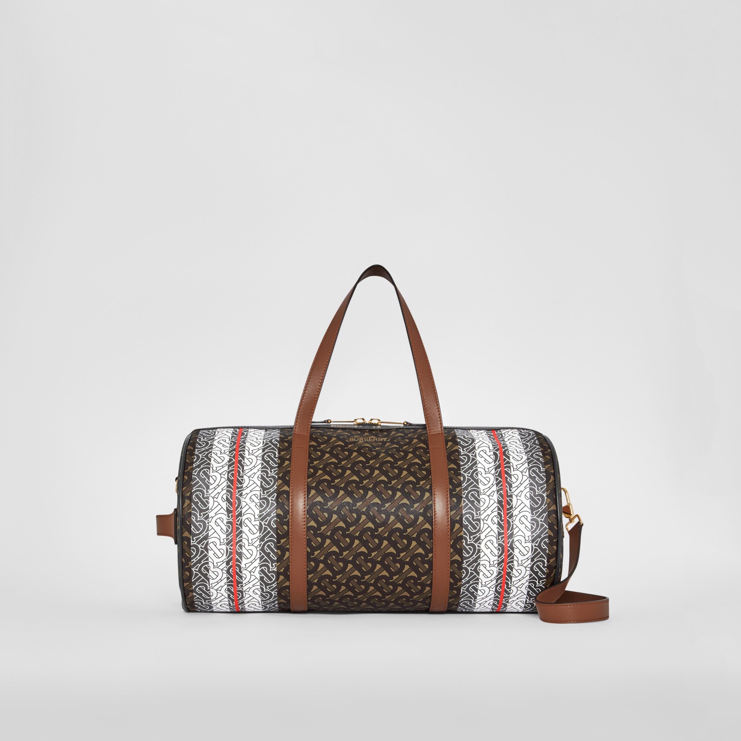 Medium Monogram Stripe Ecanvas Barrel Bag in Bridle Brown Burberry