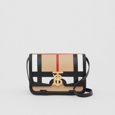 burberry small check detail leather tote bag
