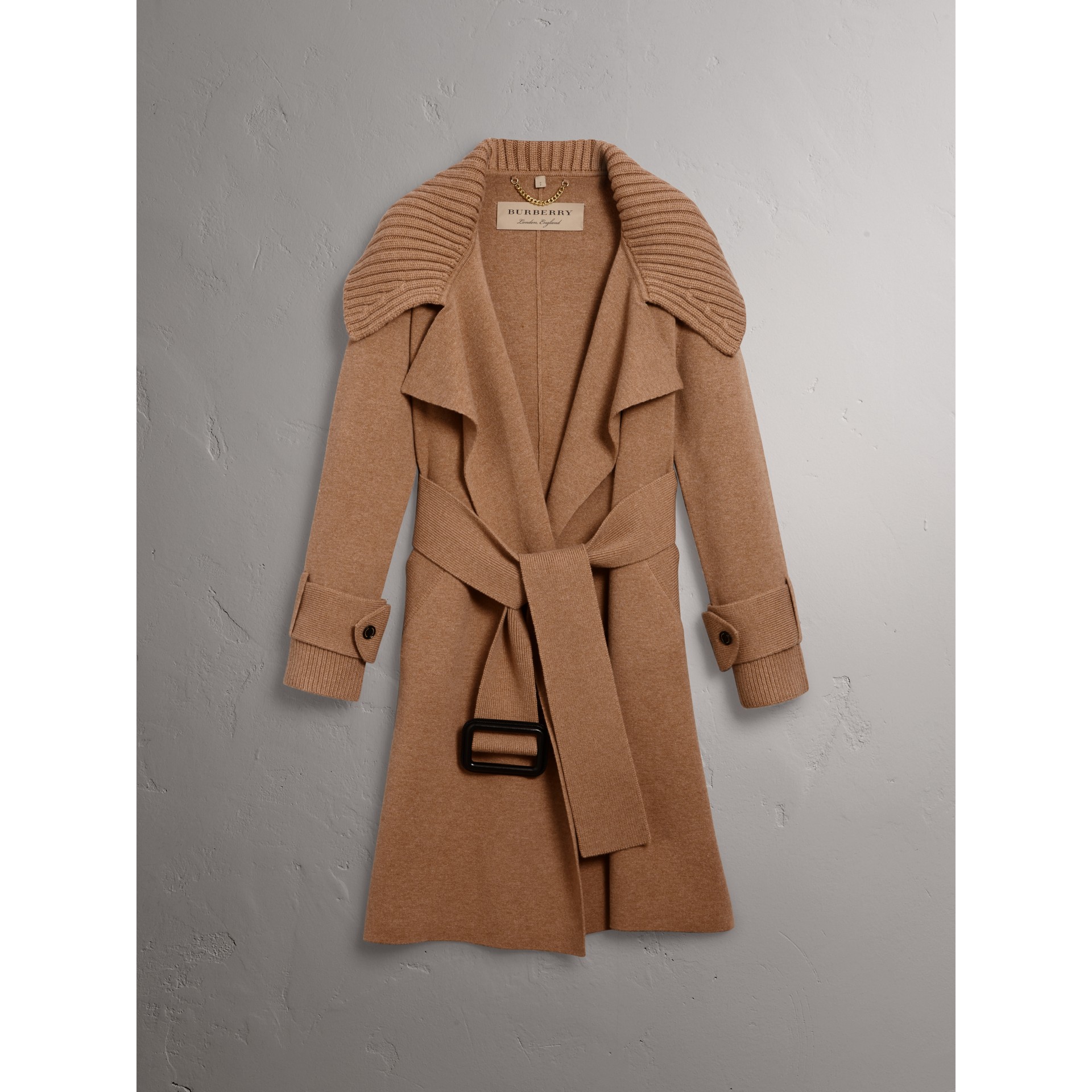 Knitted Wool Cashmere Wrap Coat in Camel Women Burberry United States
