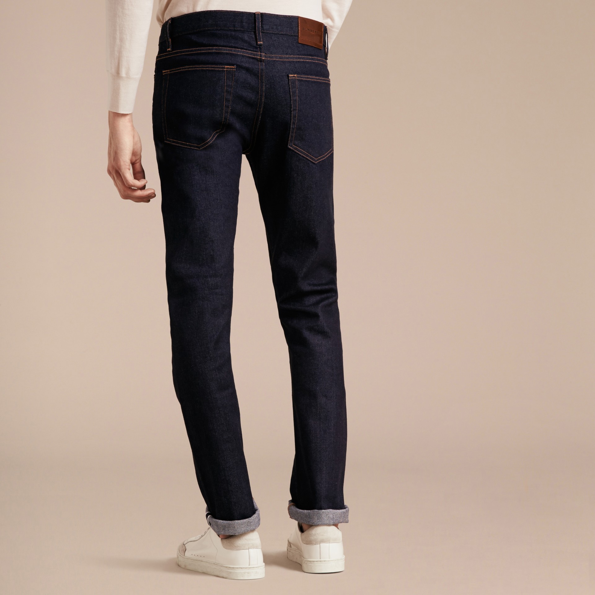 Straight Fit Stretch Japanese Selvedge Denim Jeans in Dark Indigo - Men ...