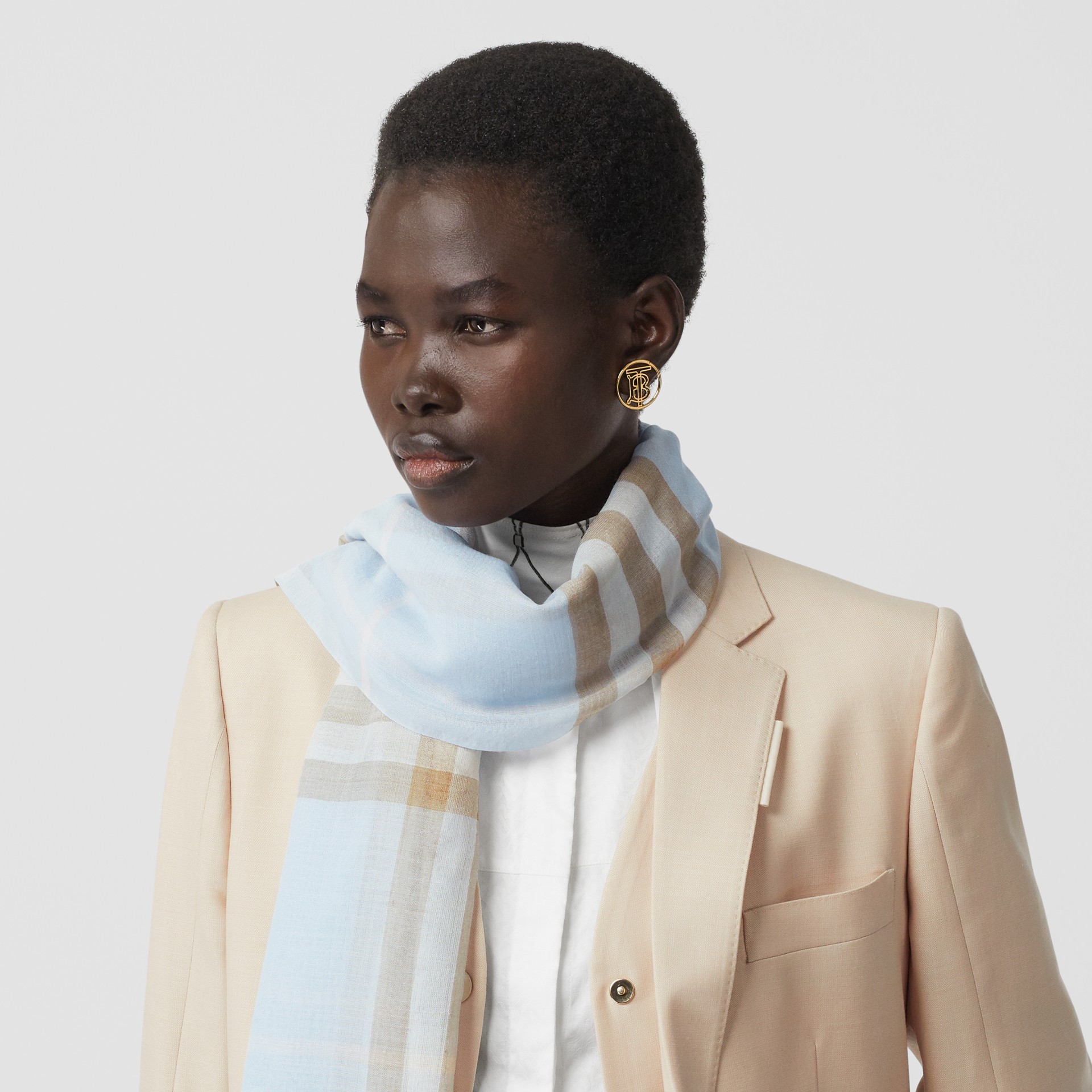 Lightweight Check Wool Silk Scarf in Pale Blue | Burberry United States