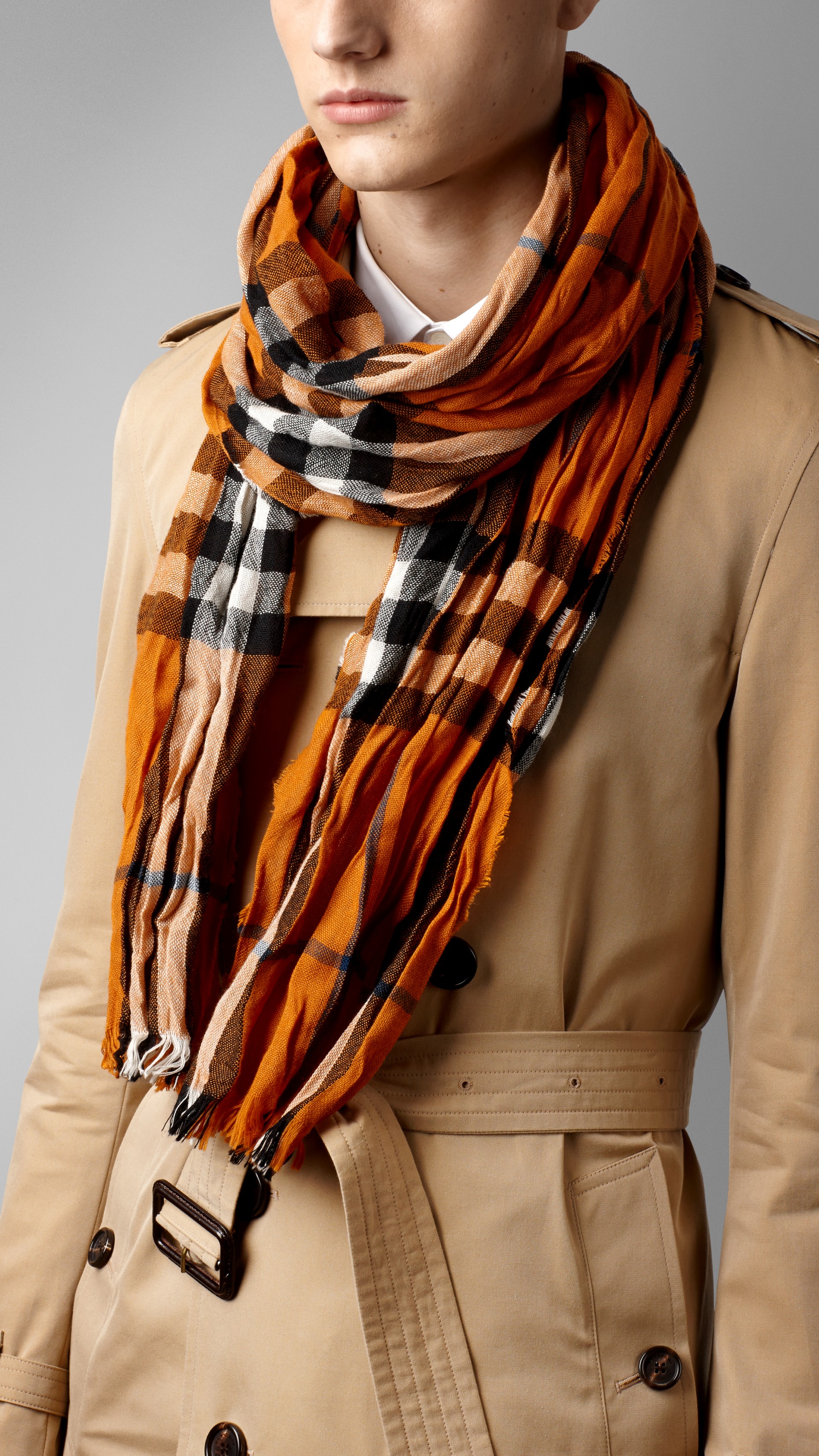 Check Merino Wool Cashmere Crinkled Scarf in Copper Orange - Men ...