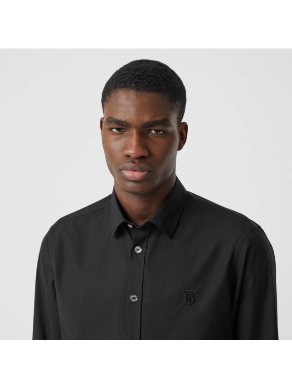 Monogram Motif Stretch Cotton Poplin Shirt in Black - Men | Burberry ...