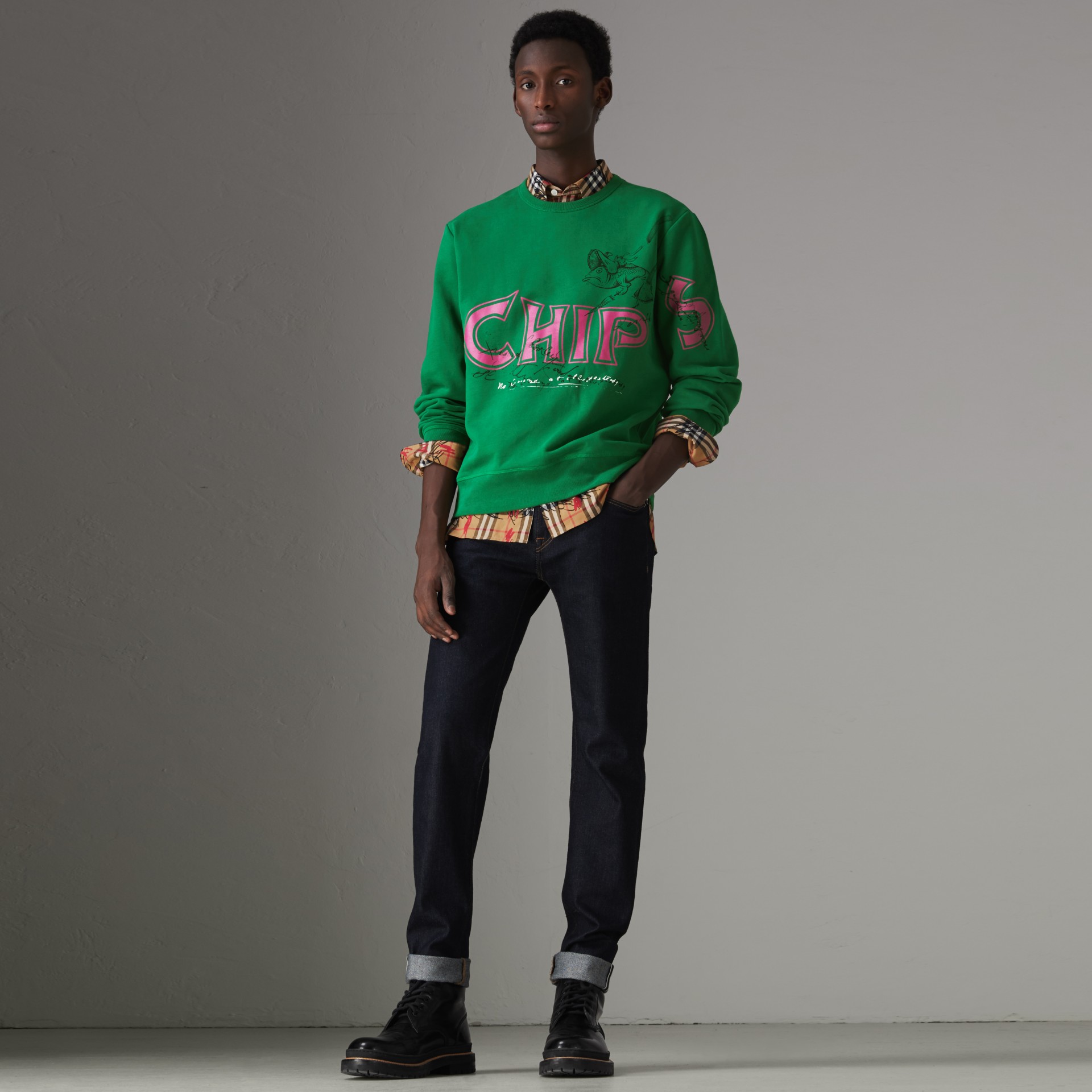 Burberry Fish And Chips Print Cotton Sweatshirt In Pigment Green | ModeSens