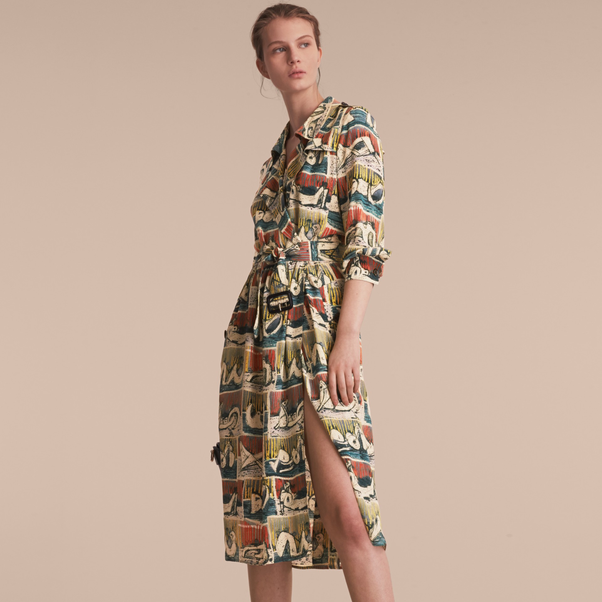 Silk Wrap Trench Dress with Reclining Figures Print in Stone Blue