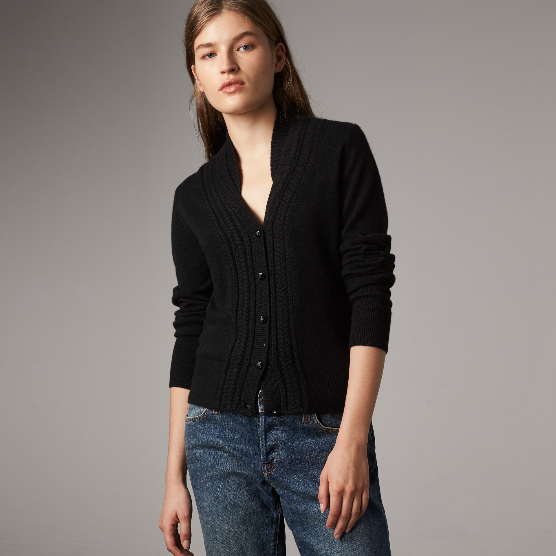Cable Knit Detail Cashmere Cardigan in Black - Women | Burberry United ...