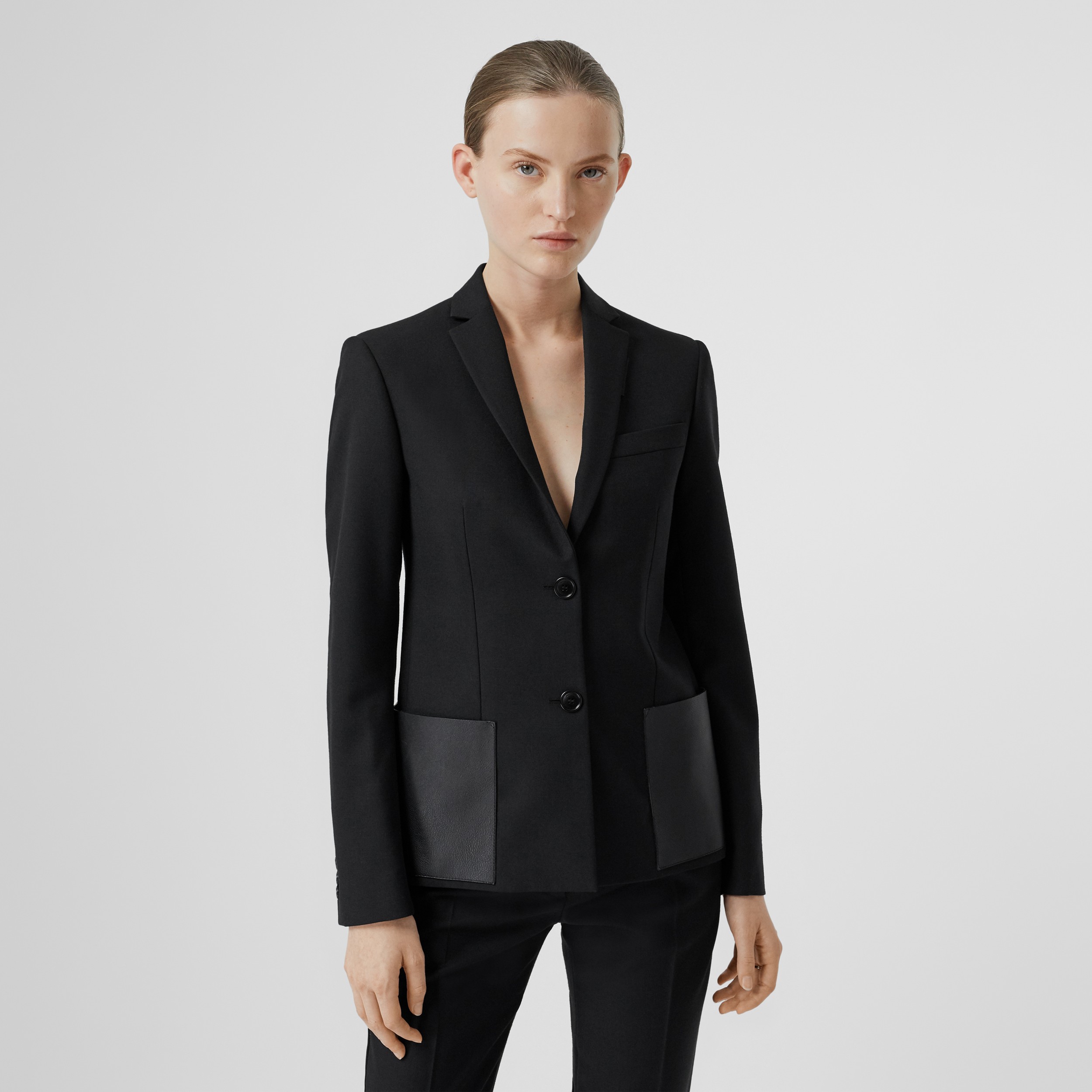 Leather Detail Wool Tailored Jacket in Black - Women | Burberry United ...