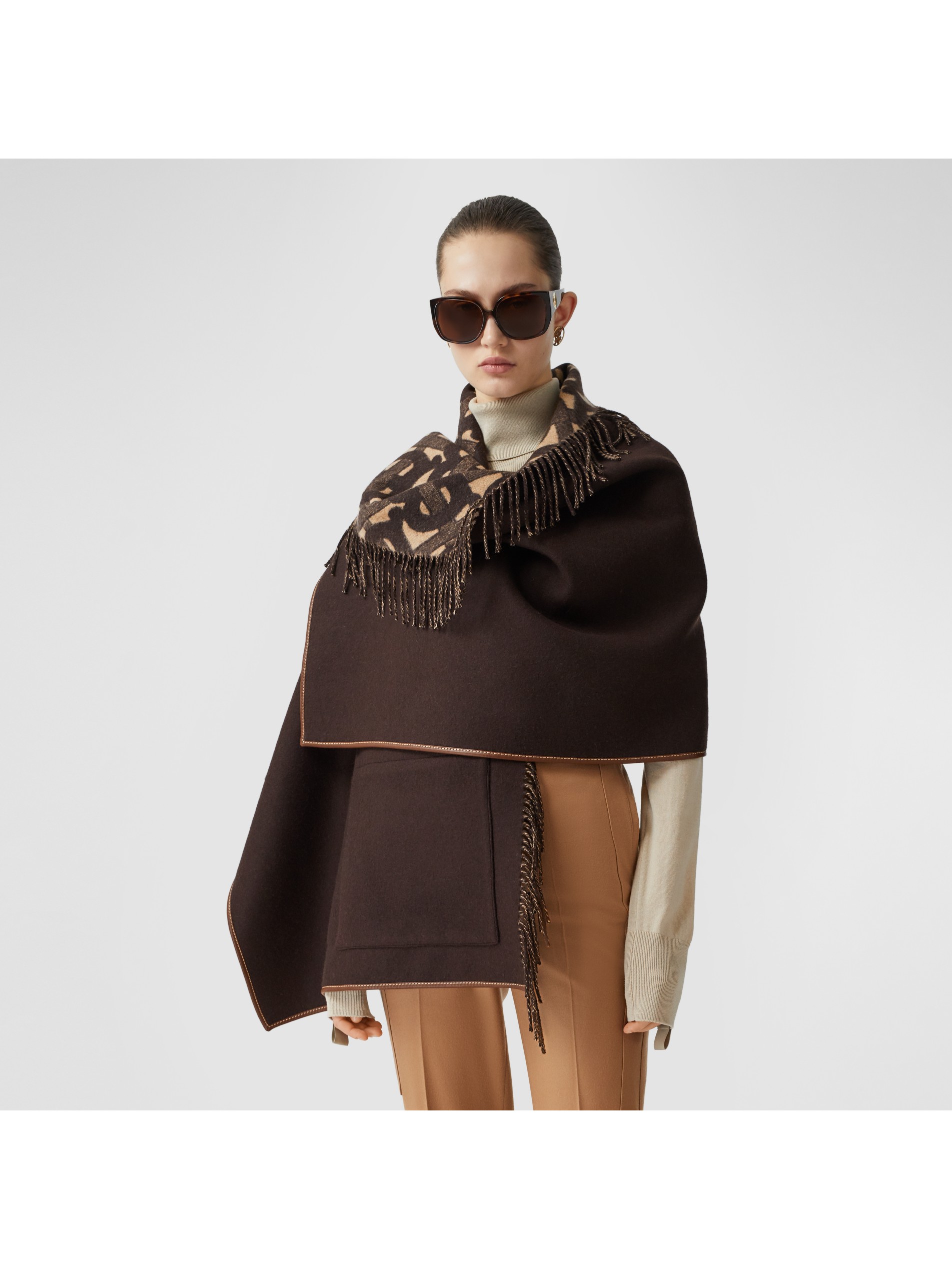 专属标识美利奴羊毛混纺提花披肩 (深棕色) - 女士 | burberry 博柏利