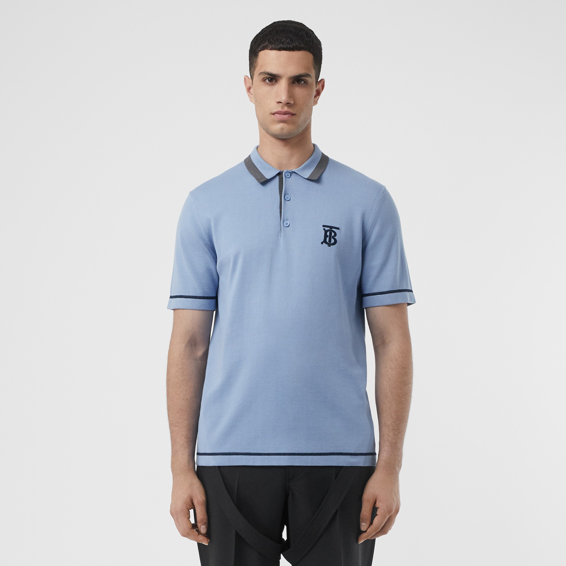 Monogram Motif Tipped Cotton Polo Shirt in Baby Blue - Men | Burberry ...