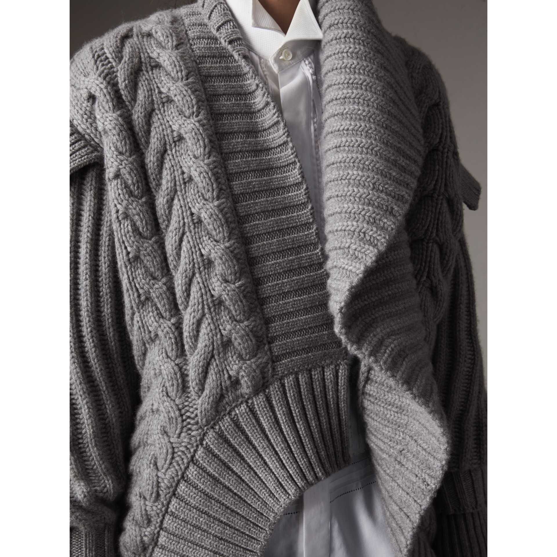 Cable Knit Cashmere Asymmetric Cardigan in Grey Melange Women