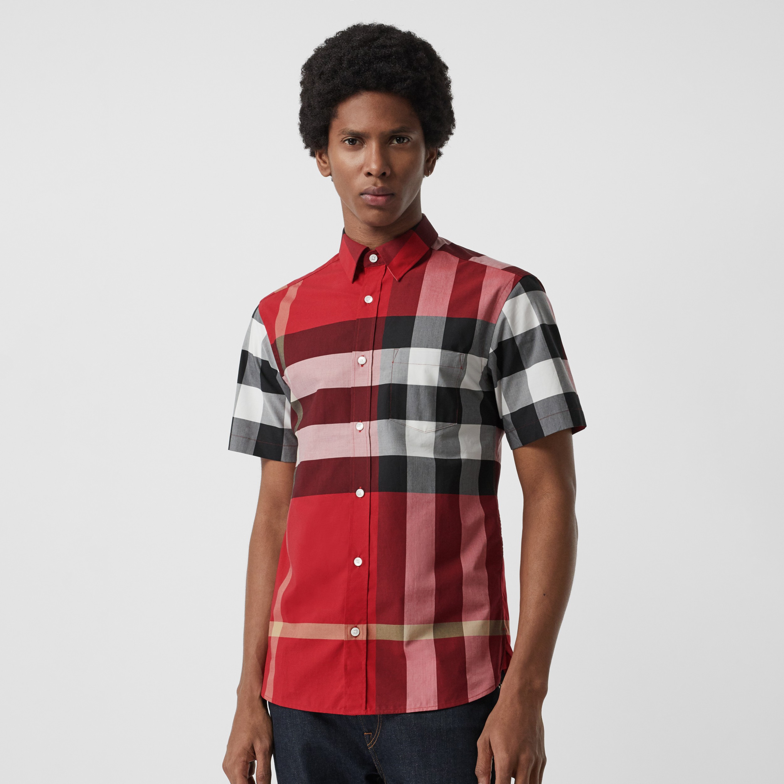Short-sleeve Check Stretch Cotton Shirt in Parade Red - Men | Burberry