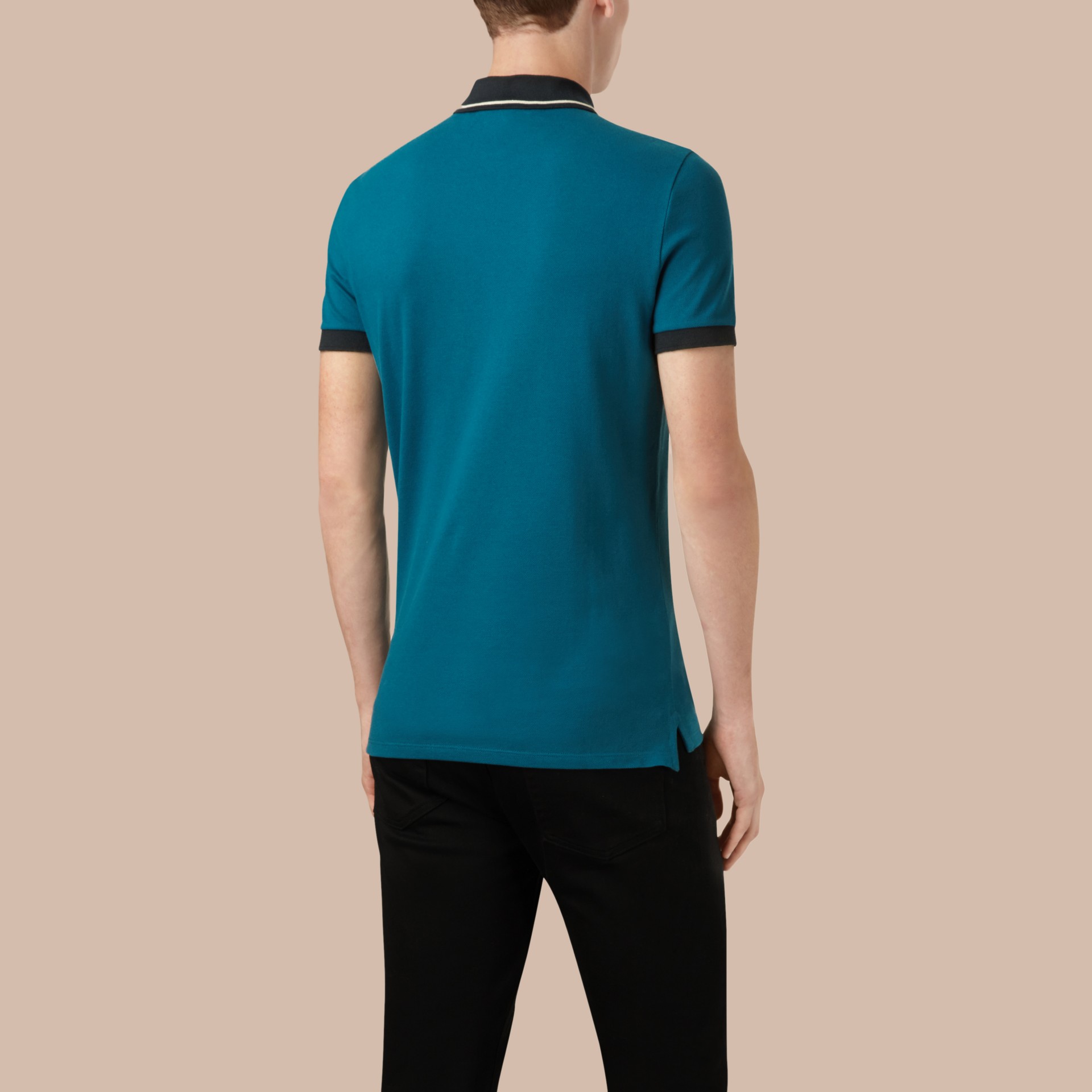 Contrast Trim Cotton Piqué Polo Shirt in Mineral Blue/stone Men