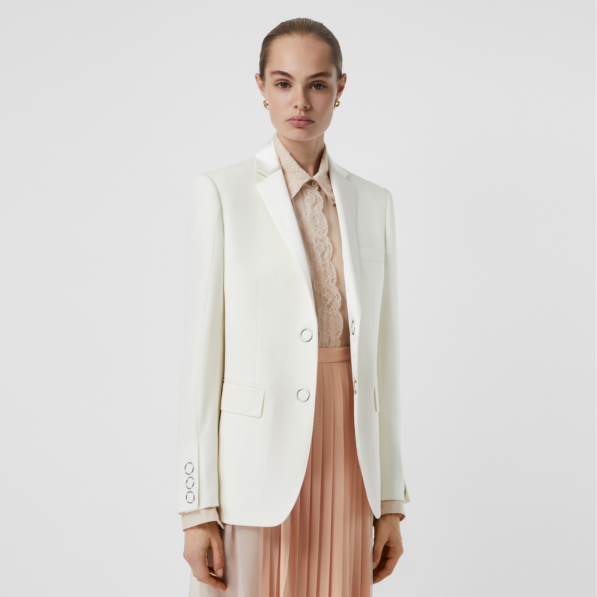 Silk Trim Pressstud Wool Tailored Jacket in Natural White Women