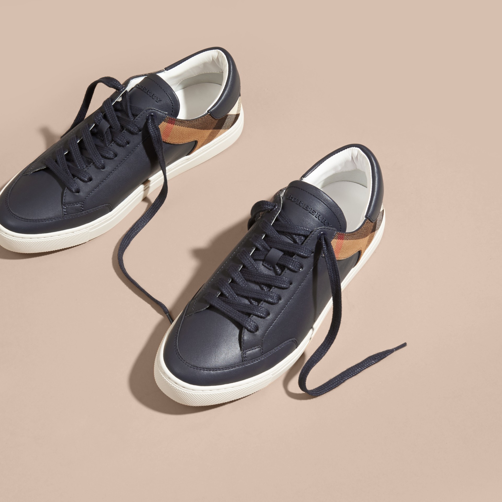 Leather and House Check Trainers in Check/true Navy | Burberry