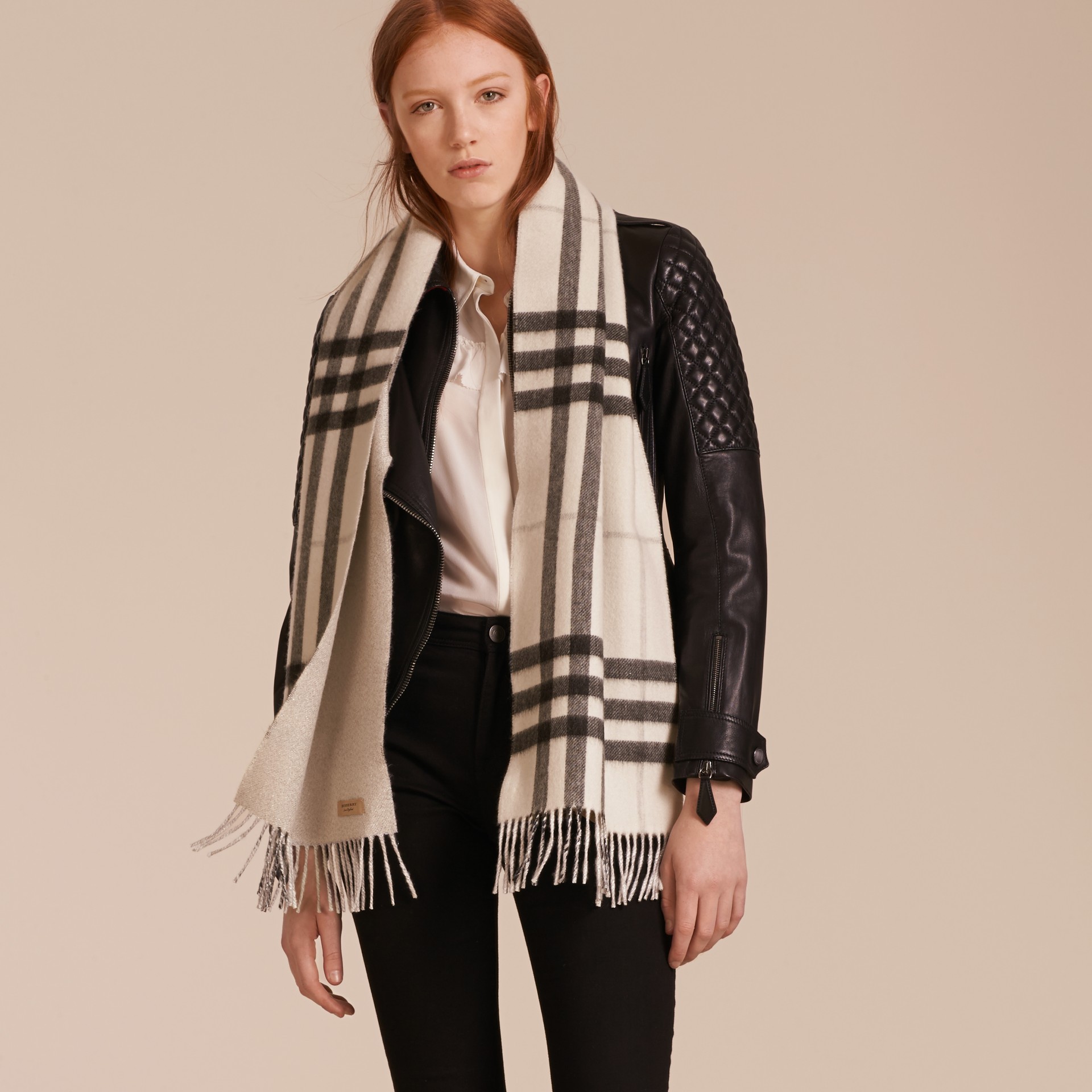 Reversible Metallic Check Cashmere Scarf in Natural White | Burberry ...