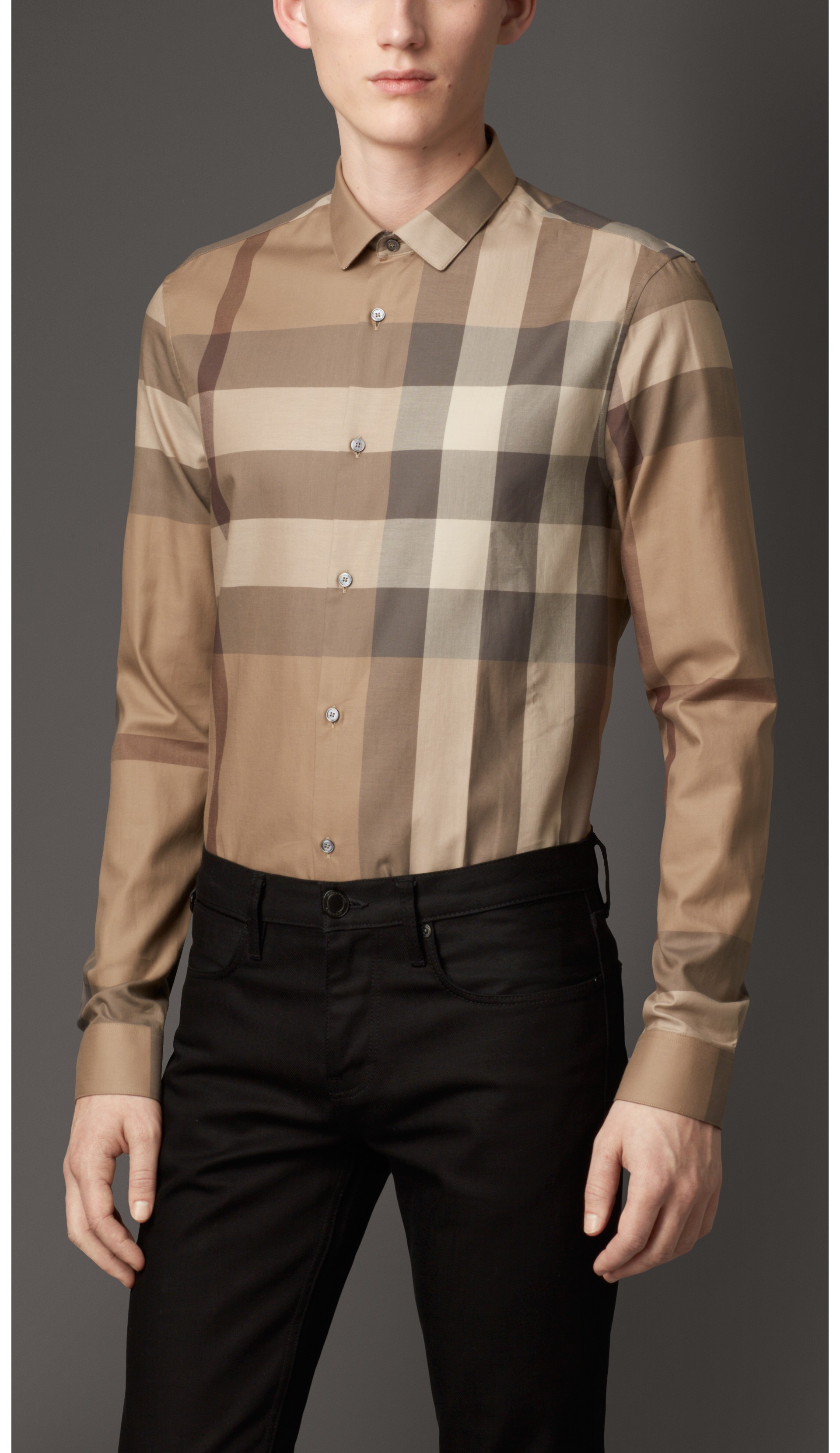 Slim Fit Check Cotton Shirt in Smoked Trench - Men | Burberry United States