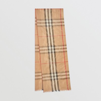 Check Silk and Wool Scarf in Camel/gold 