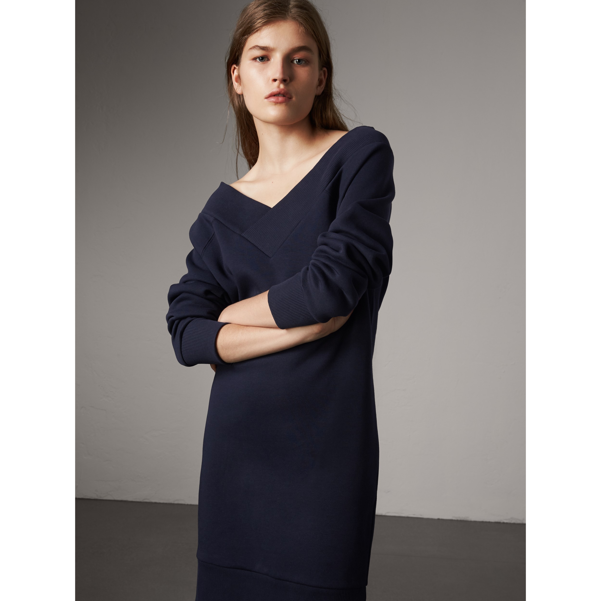 Cotton Blend Vneck Sweater Dress in Navy Women Burberry United States