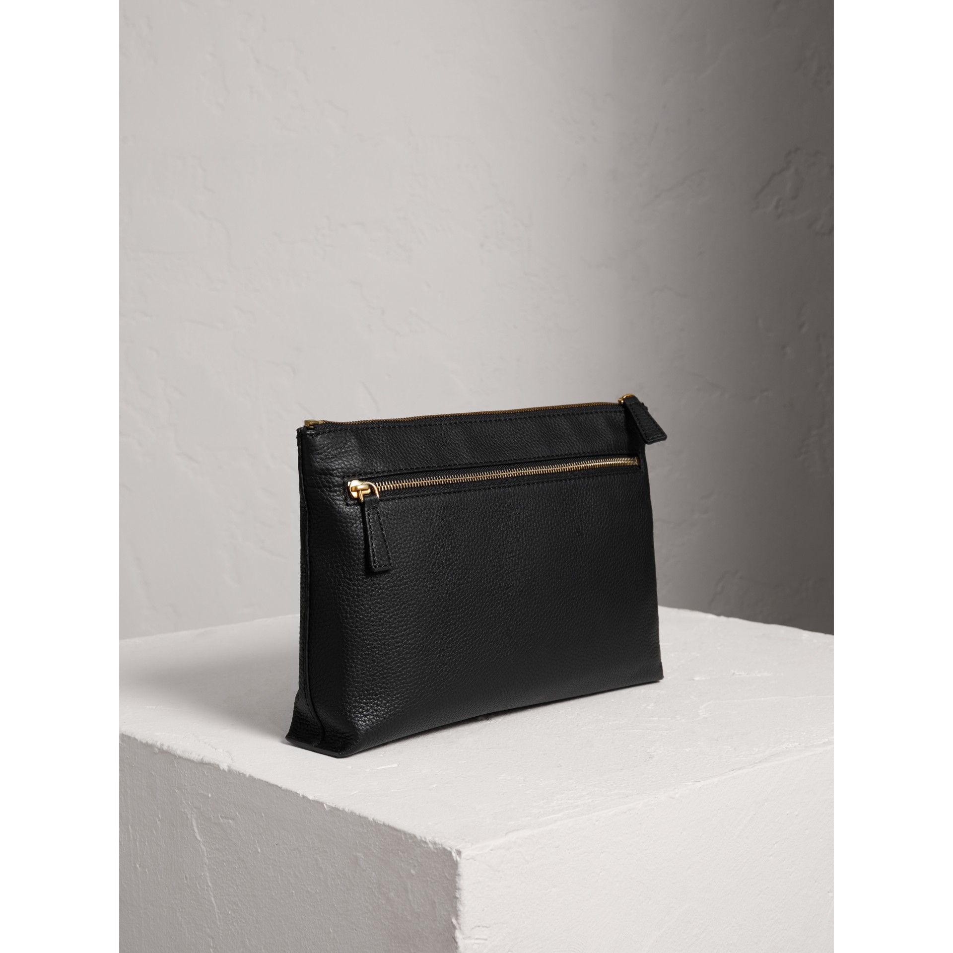 Large Embossed Leather Zip Pouch in Black Burberry United States