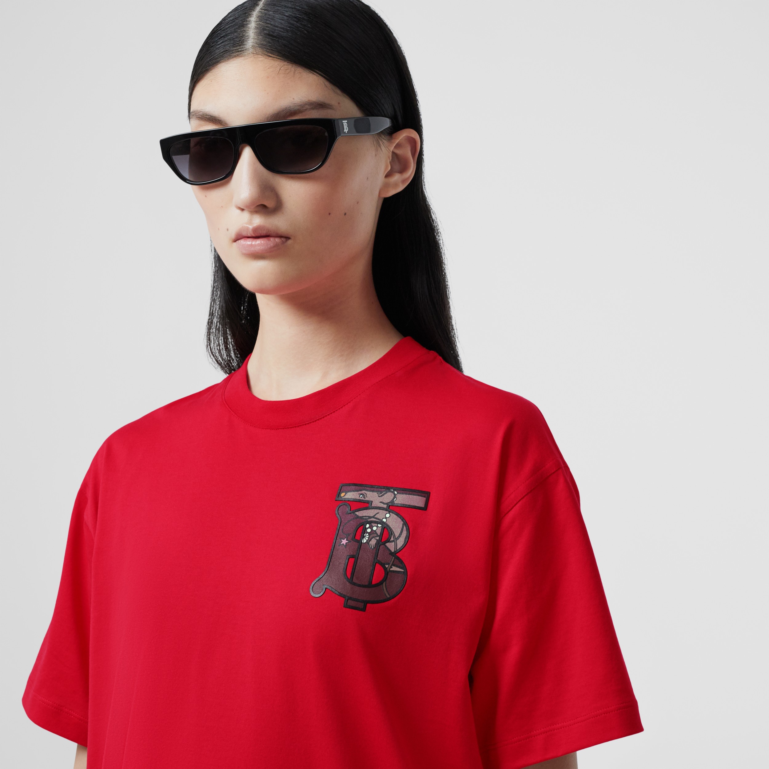 Monogram Motif Cotton Oversized T-shirt in Bright Red - Women | Burberry