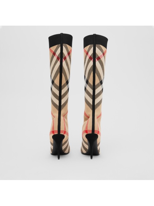 burberry 驼色格纹弹性针织袜式高筒靴