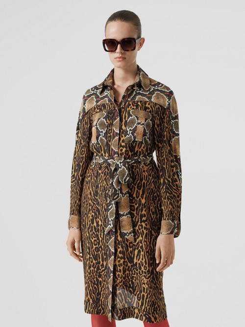 BURBERRY Cape Sleeve Animal Print Tie-waist Shirt Dress