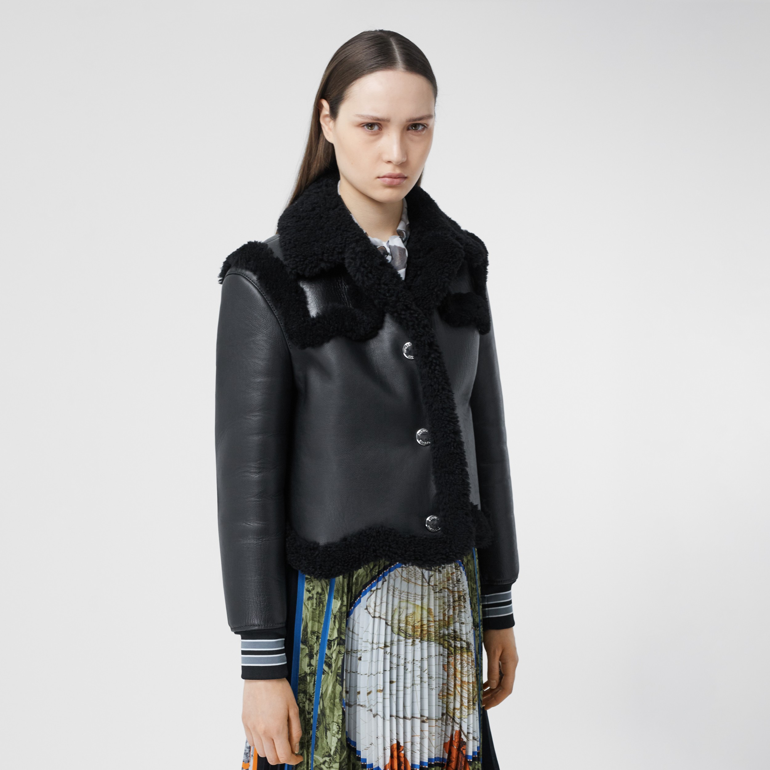 Striped Cuff Leather and Shearling Jacket in Black - Women | Burberry ...