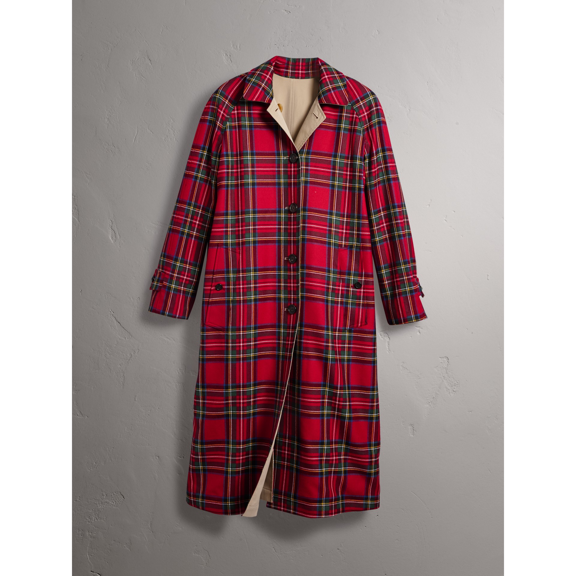 Reversible Gabardine and Tartan Wool Car Coat in Honey Women