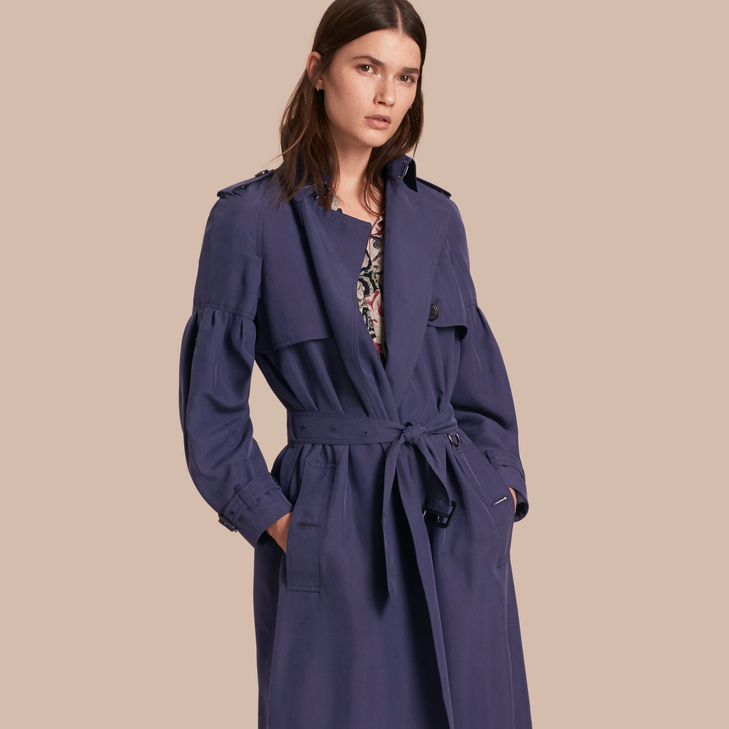 Oversize Silk Trench Coat With Puff Sleeves In Navy Women Burberry United States
