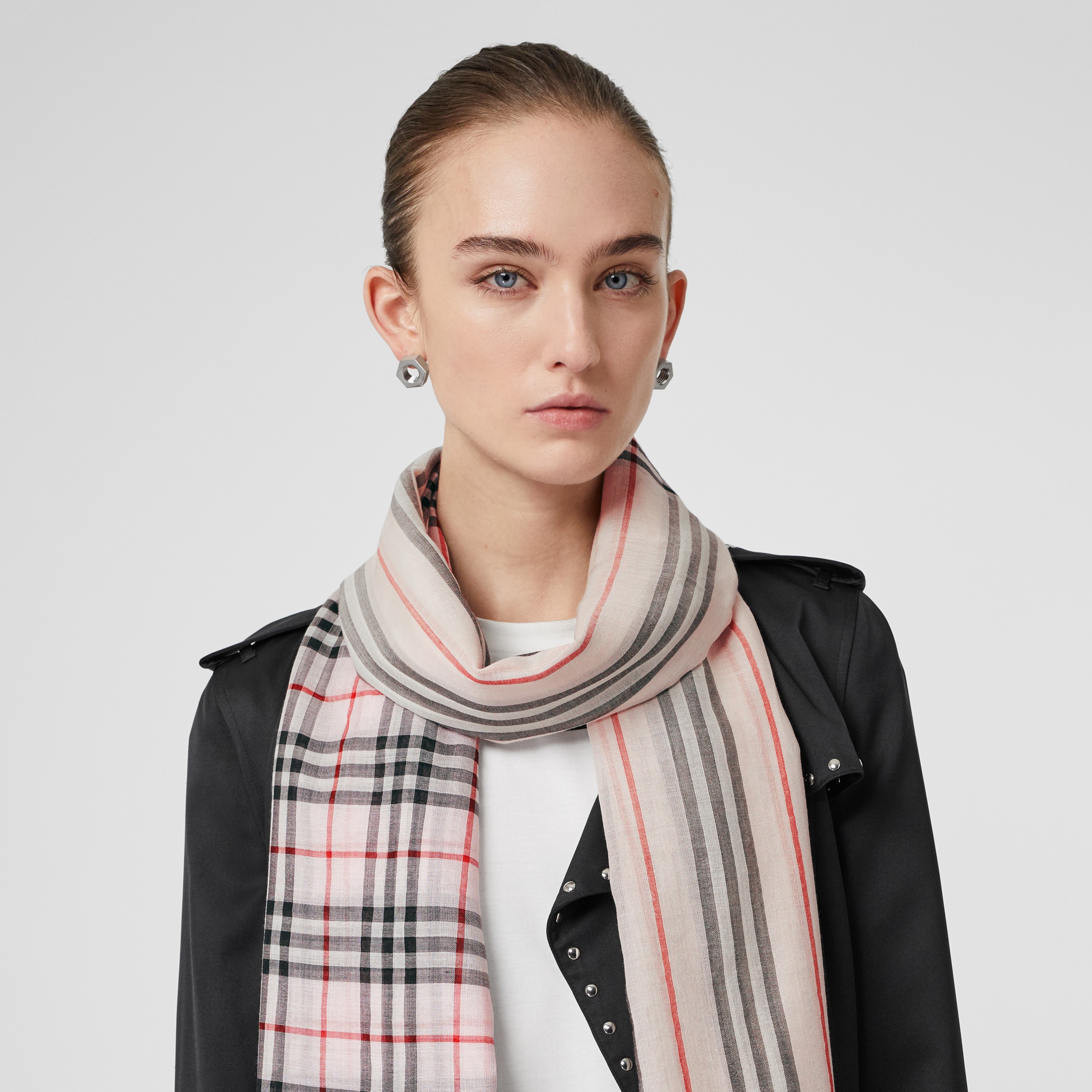 Icon Stripe and Vintage Check Wool Silk Scarf in Alabaster Pink ...