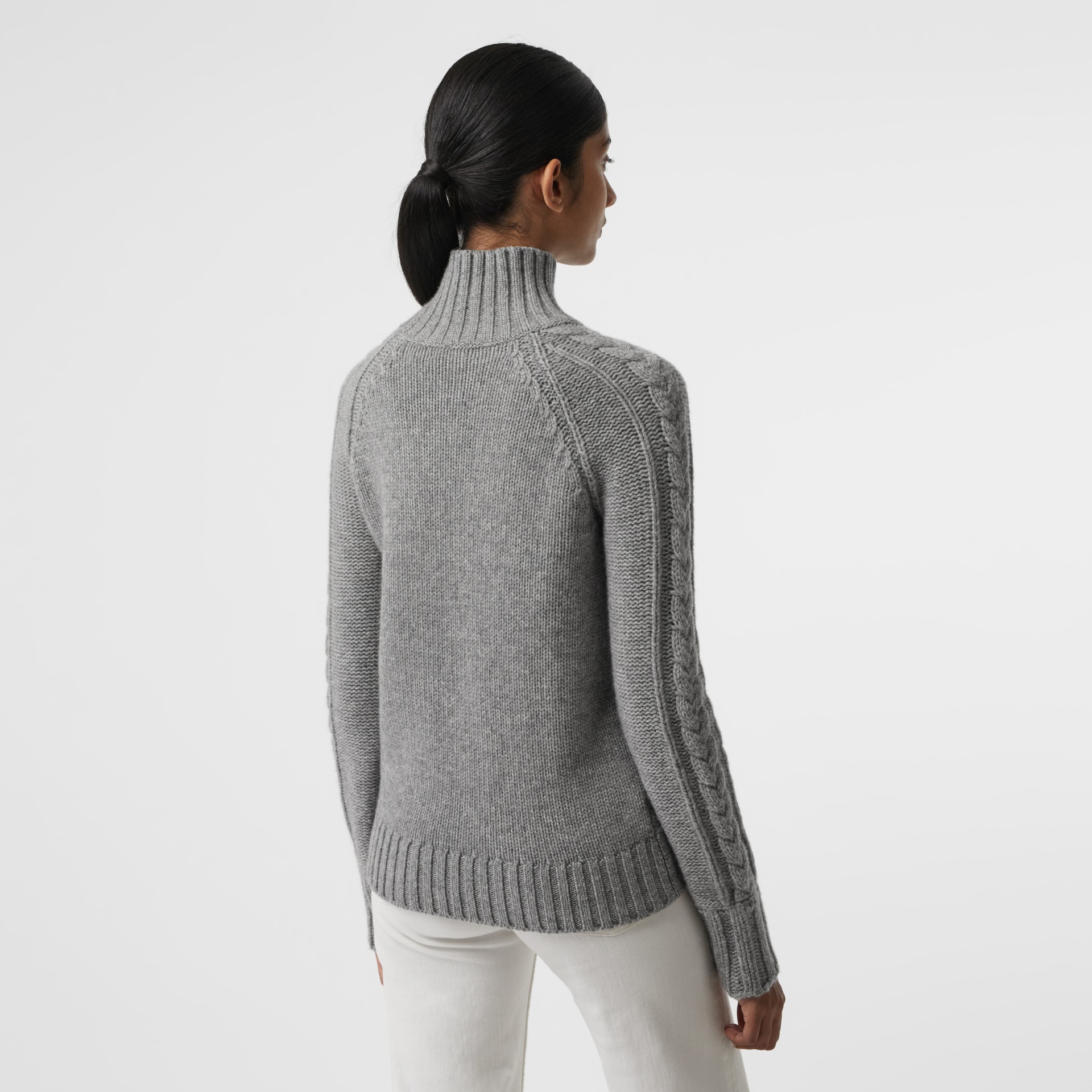 Cable Knit Cashmere Turtleneck Sweater in Mid Grey Melange Women