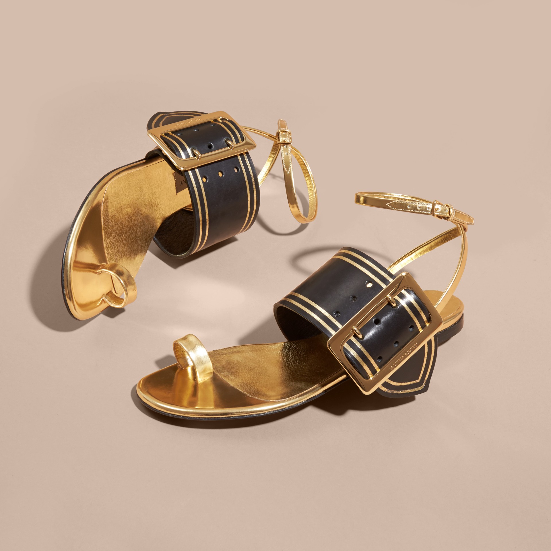 Two-tone Leather Sandals with Buckles in Antique Gold | Burberry United ...