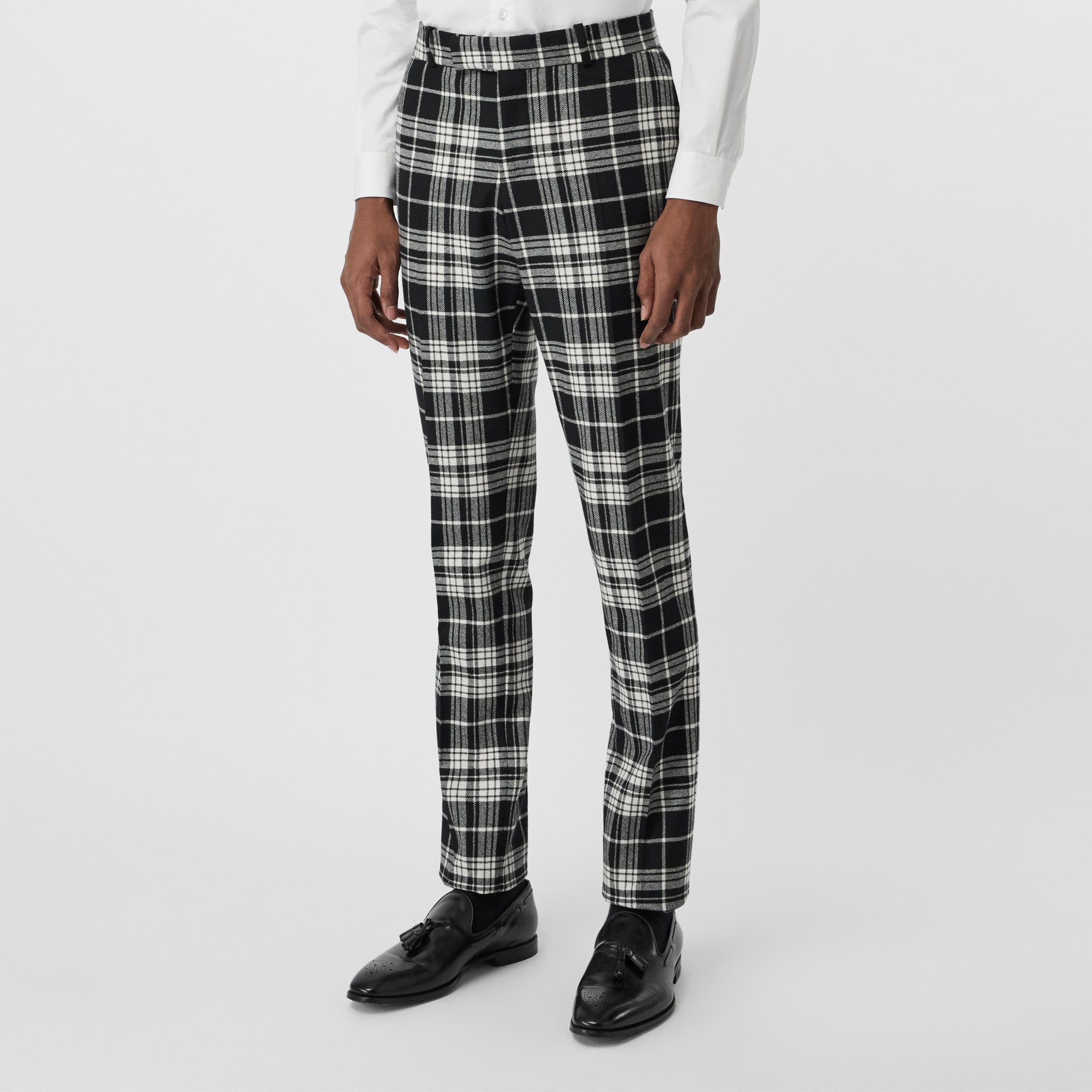 slim fit tartan wool cashmere tailored trousers in black