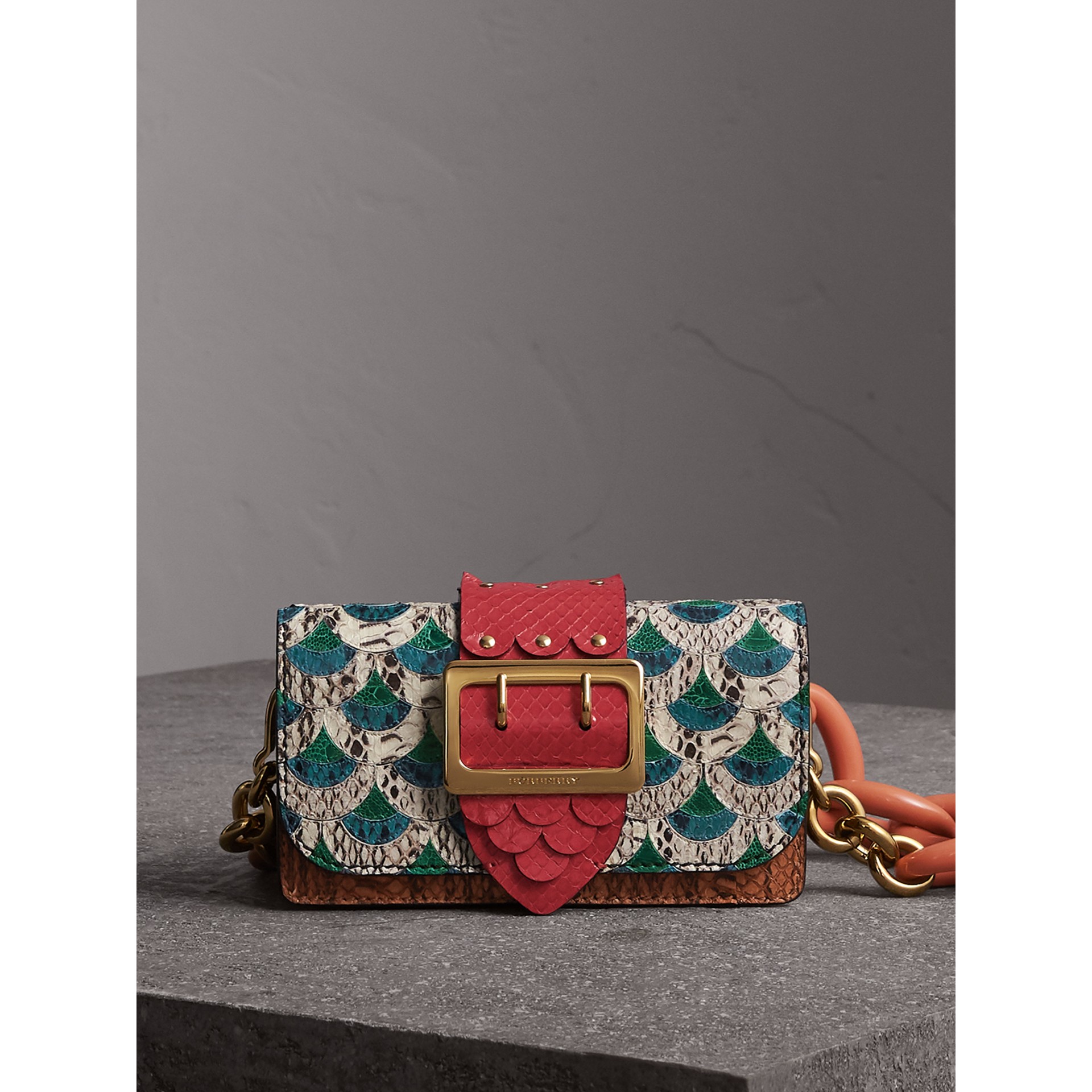 The Small Buckle Bag in Scallop Trim Snakeskin and Ostrich in Natural