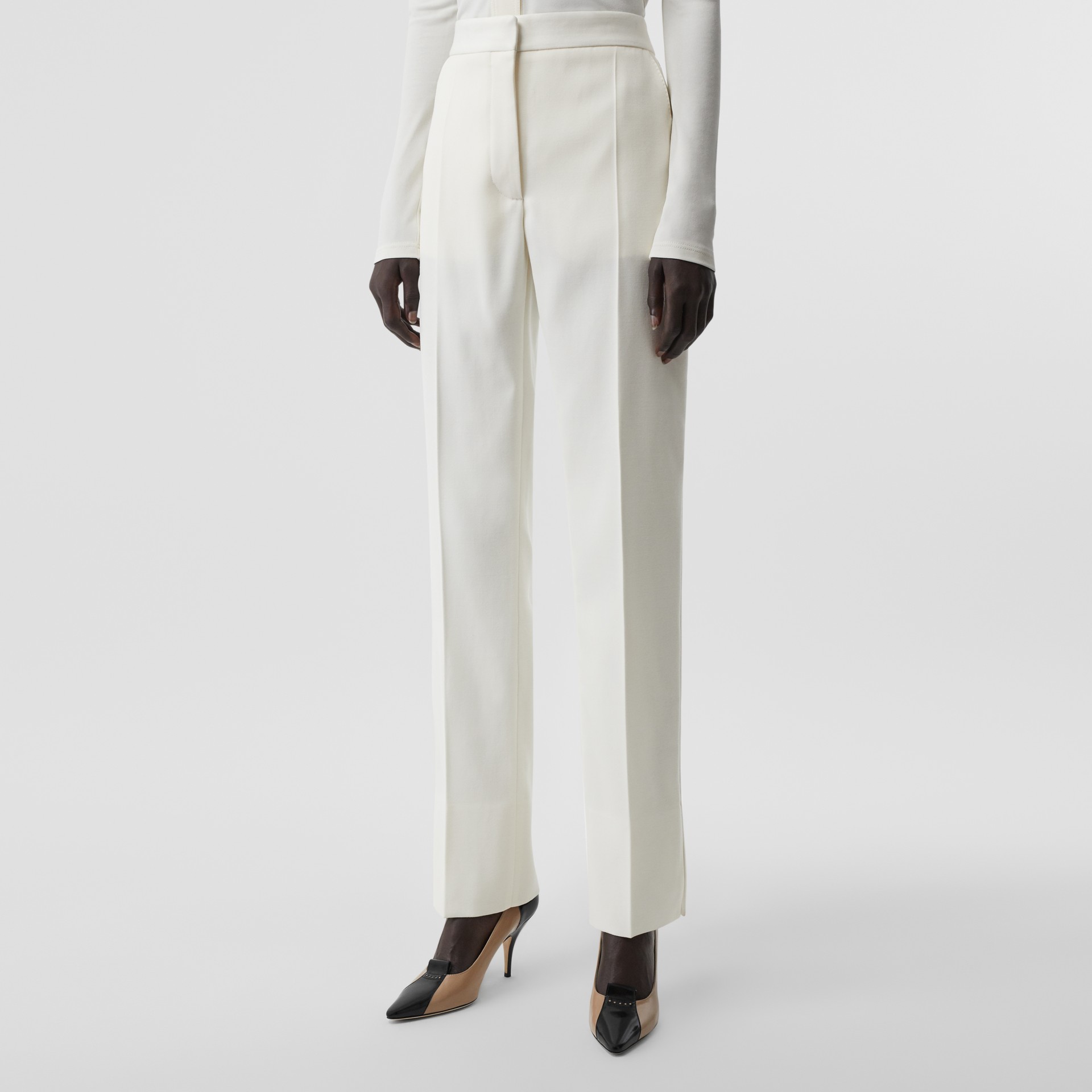 Satin Stripe Detail Wool Tailored Trousers in Natural White - Women ...