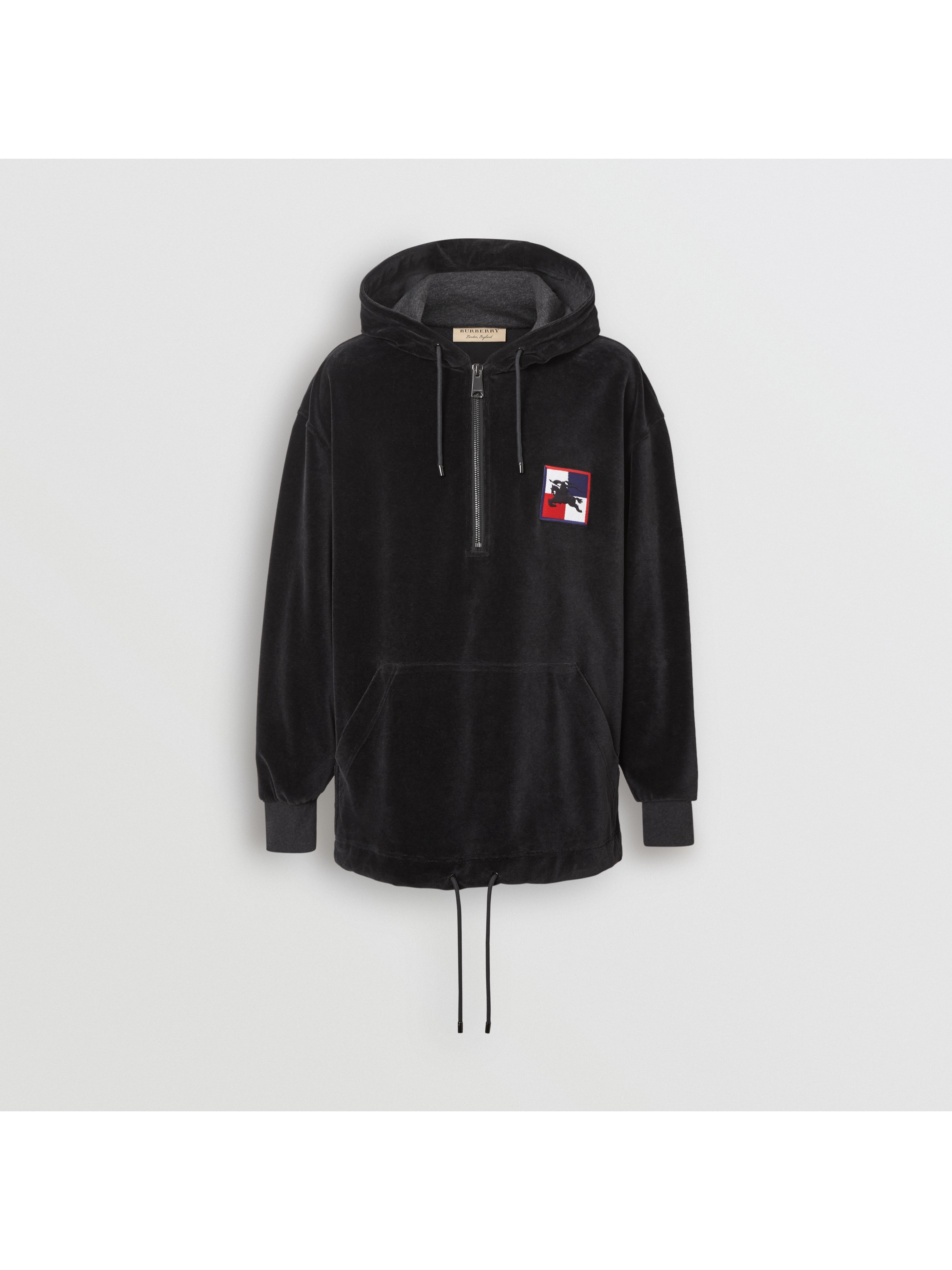 格纹马术骑士绣章丝绒连帽衫 (钢麻灰) - 男士 | burberry 博柏利