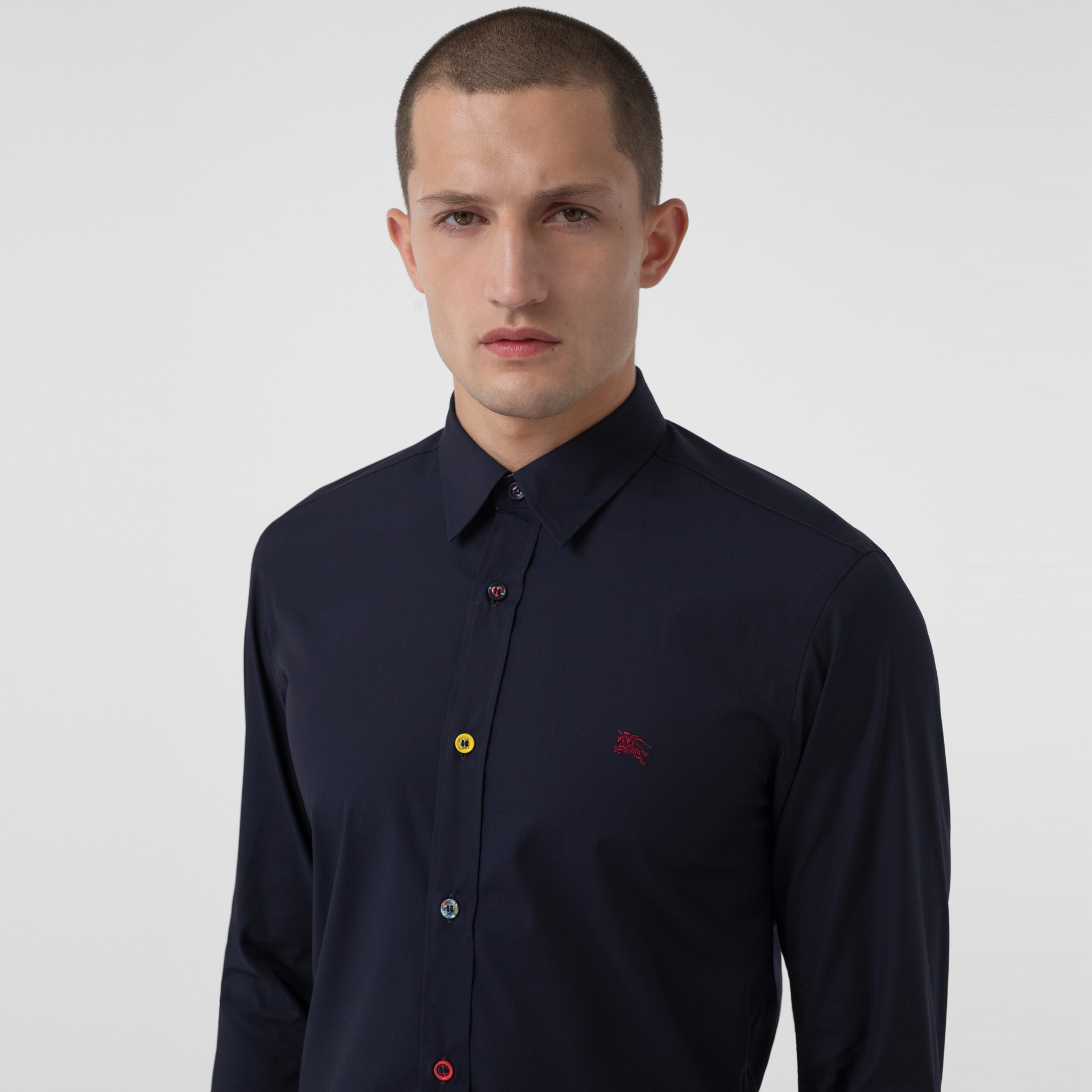 Contrast Button Stretch Cotton Shirt in Navy - Men | Burberry United States