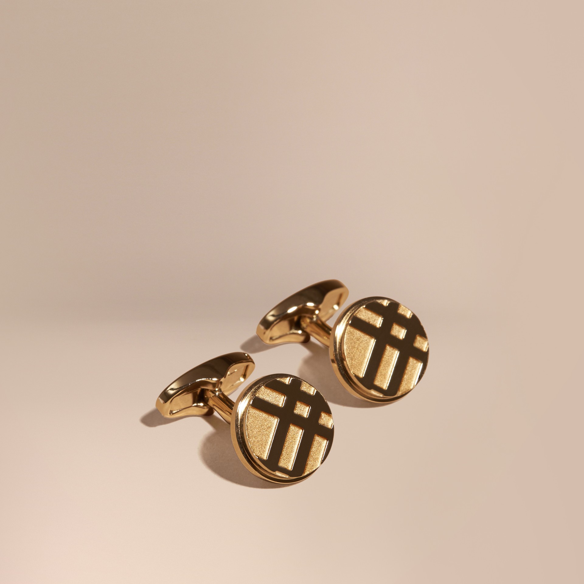 Checkengraved Round Cufflinks in Pale Gold Men Burberry United States