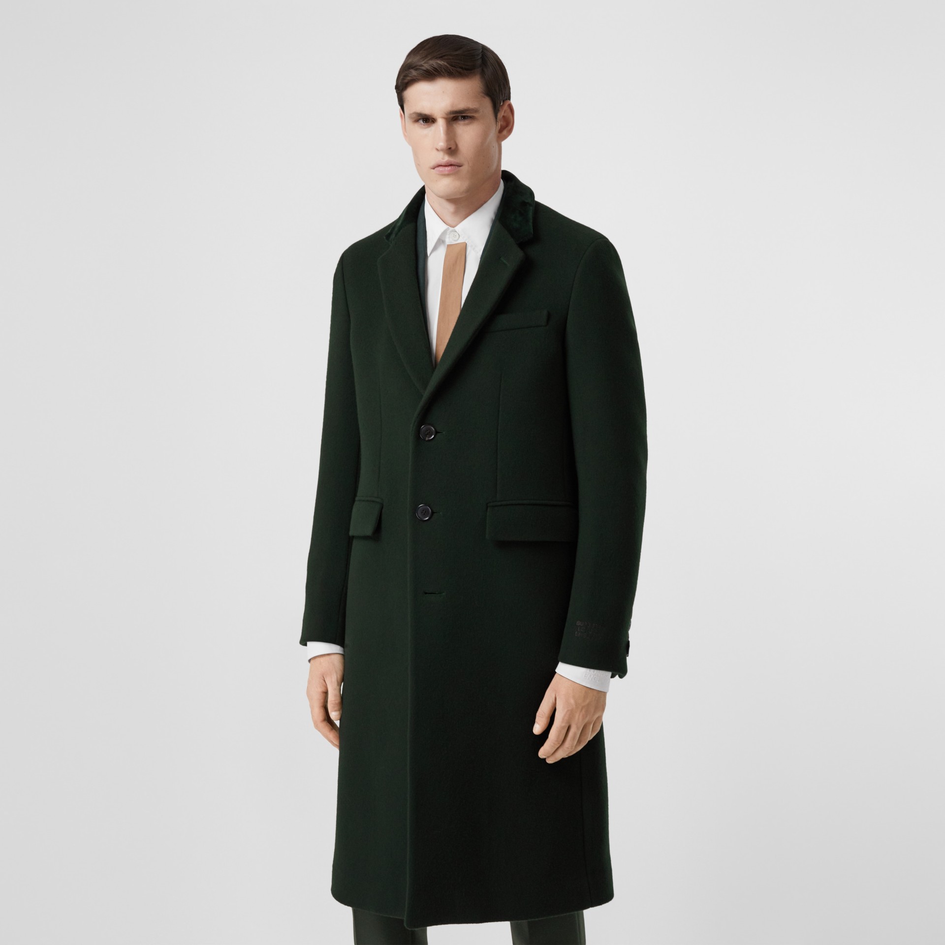 Velvet Trim Wool Cashmere Tailored Coat in Dark Pine Green - Men ...